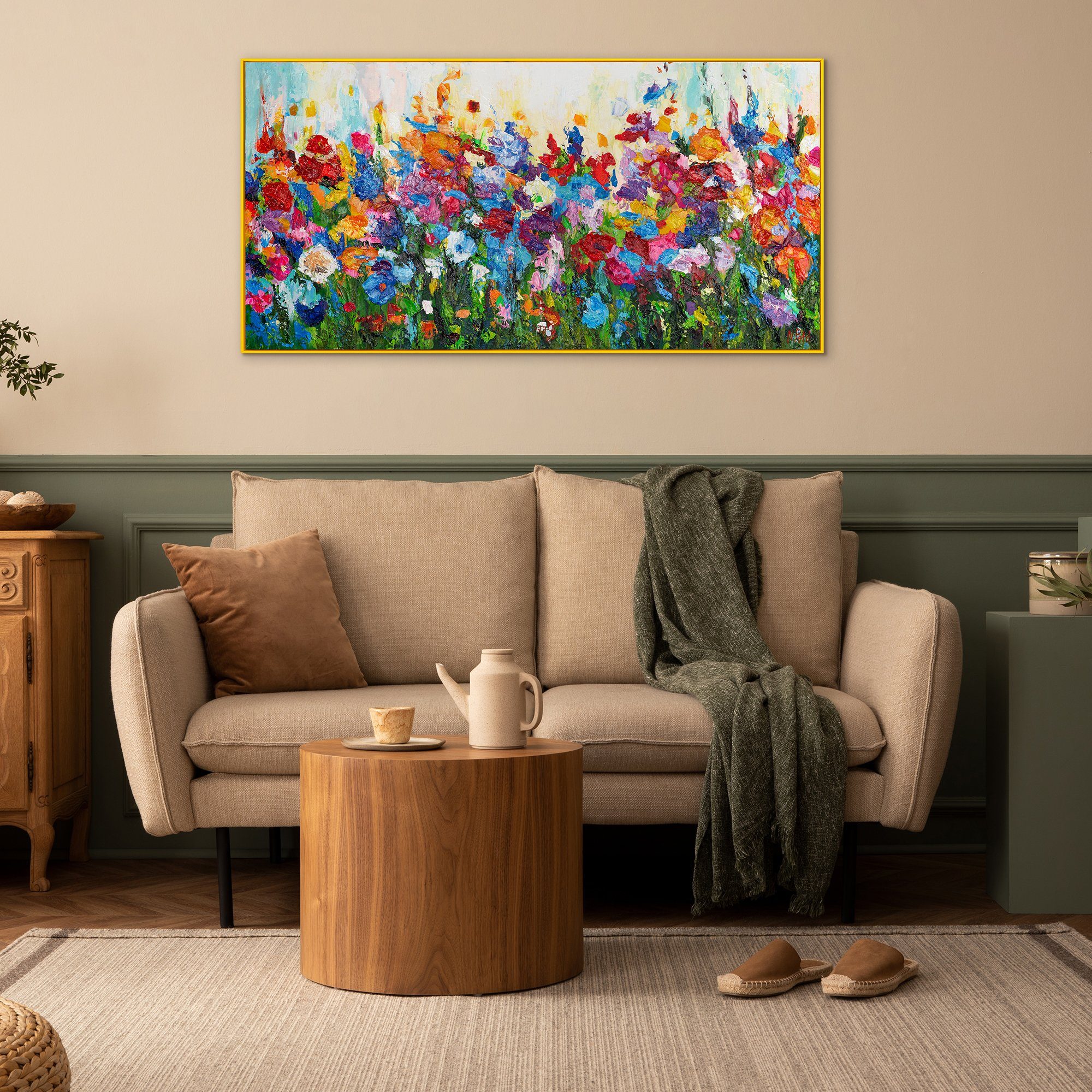 YS-Art Gemälde Blumige Farben, Blumen Rahmen in Mit Gelb