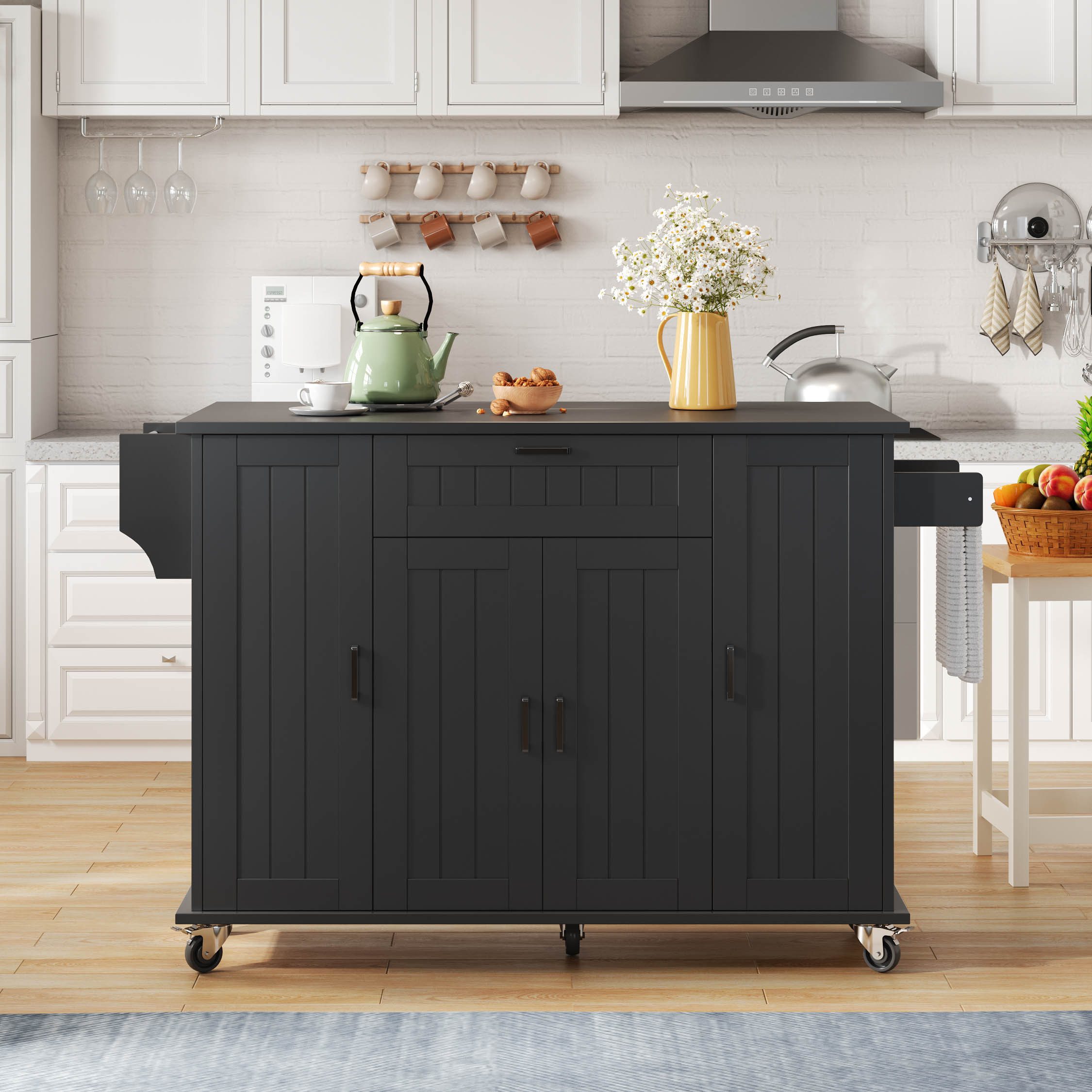 Ulife Kücheninsel mit klappbarer Platte, Rollen & Stauraum, 120 cm, Küchenwagen mit 4 Türen, Schublade, Gewürzregalen & Handtuchhaltern