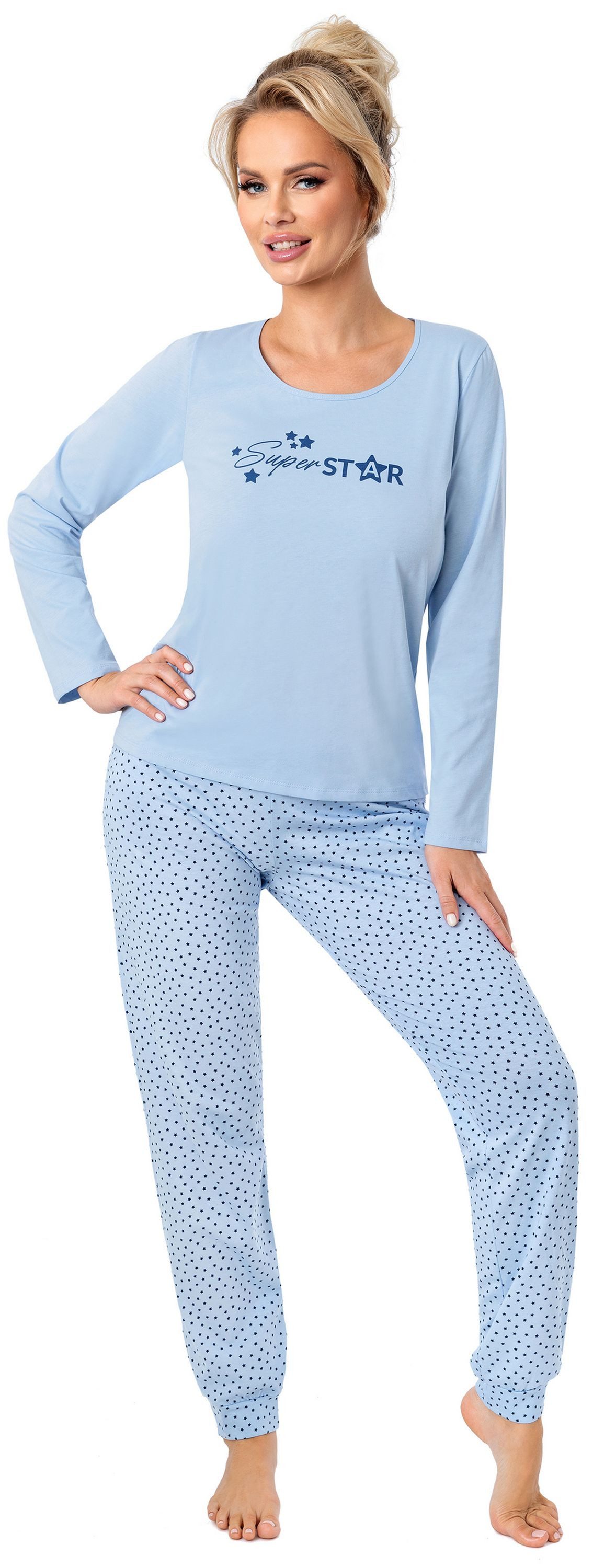 Donna Schlafanzug Star (Set, 2 tlg., 2-teilig) Damen Pyjama lang 2-teilig Langarm Baumwolle Winter