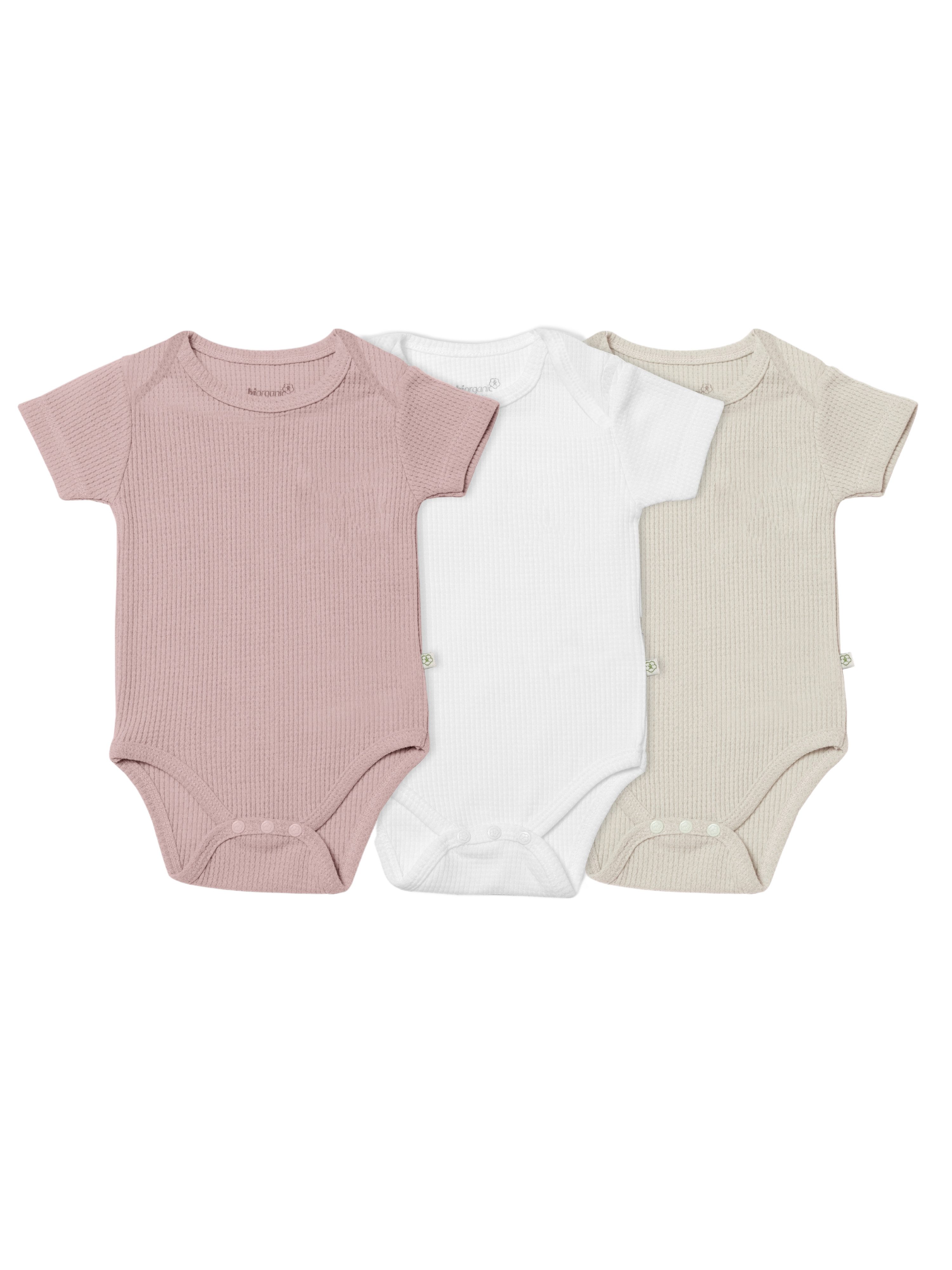 biorganic Kurzarmbody Waffle (3er Pack) Mehrfarbig Unisex, Baby Body für Jungen und Mädchen (Set, 4-tlg., 3er-Pack Bodys & 1 Beutel) Waffelmuster, Bio-Baumwolle, Größe 56 - 86