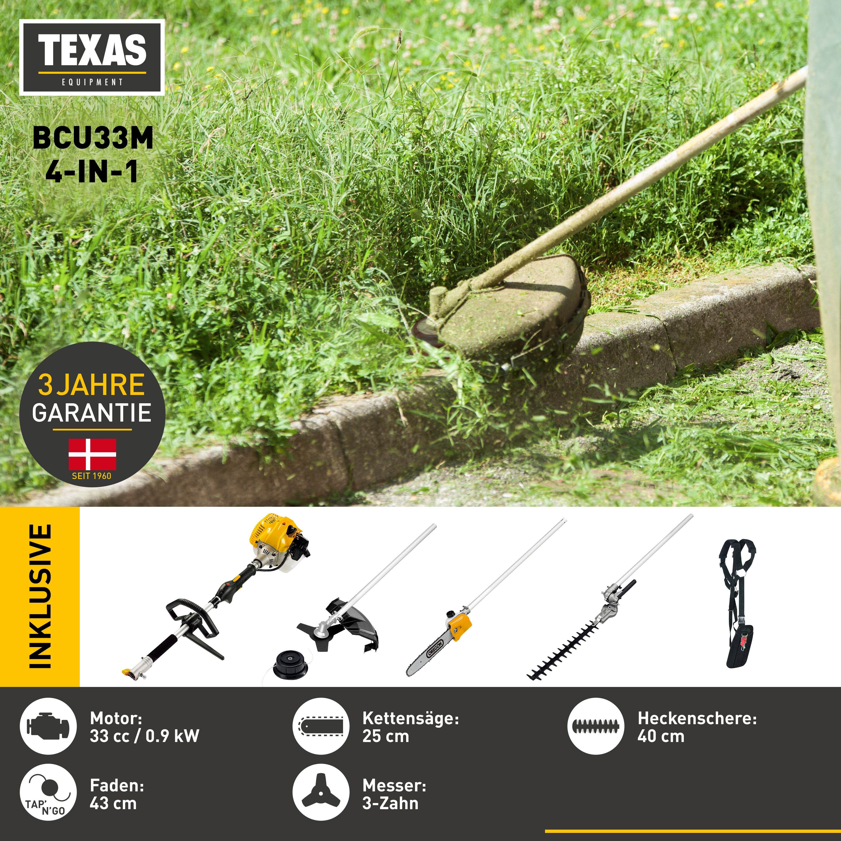 Texas Benzin-Freischneider Kombigerät BCU33M, 25 cm Arbeitsbreite Messer, 43 cm Arbeitsbreite Faden, (Set, 6 St), 4-in-1 Trimmen, Schneiden, Sägen, Heckenpflege