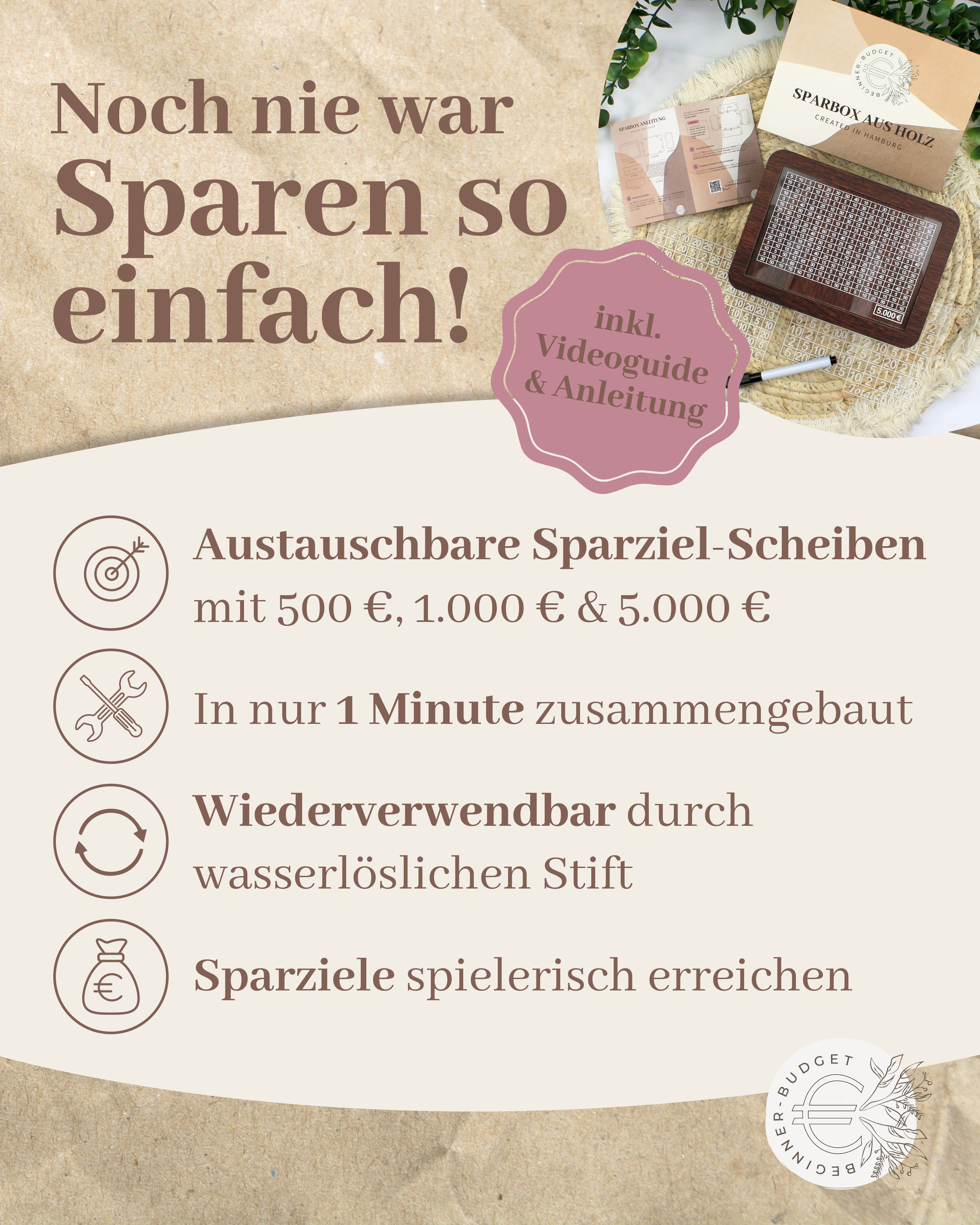 BeginnerBudget Spardose 3-in-1 Holz Spardose mit Sparzielen zum ankreuzen (500€/1000€/5000), Sparbox wiederverwendbar mit Folienstift & 3 Zielen, Geld Sparschwe – Bild 3 von 5