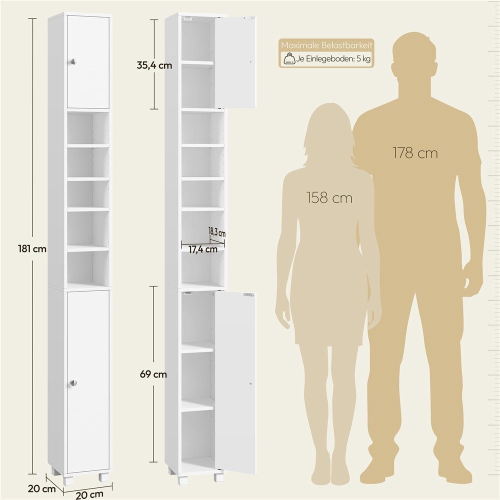 Yaheetech Hochschrank Schmaler Badezimmerschrank 181 cm (H) mit 2 Türen & Offenen Fächern, 6 höhenverstellbare Einlegeböden – Bild 4 von 5