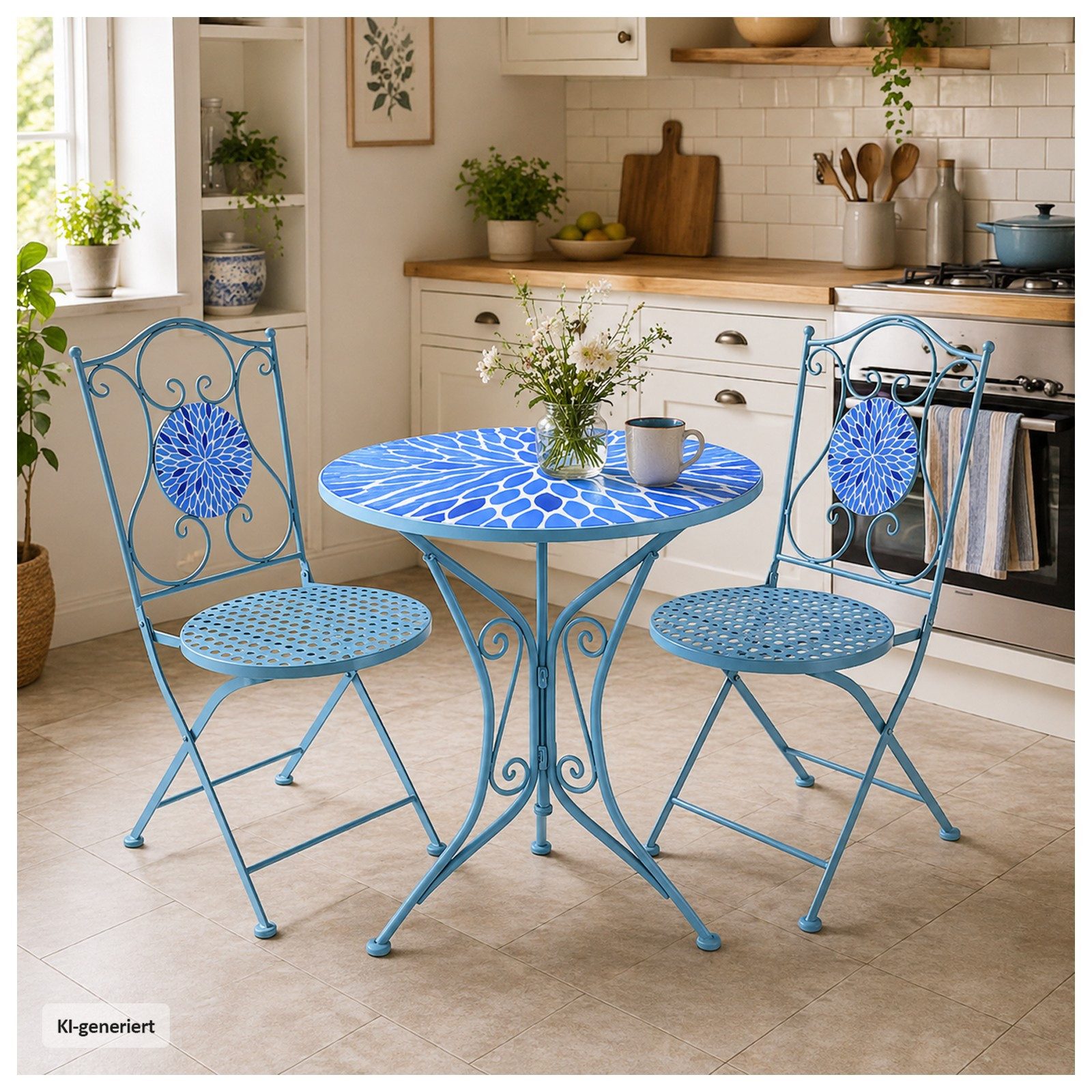 HTI-Living Gartentisch Gartentisch Metall Blau mit Blütenmotiv (1 Stück, 1-St., 1 Gartentisch)