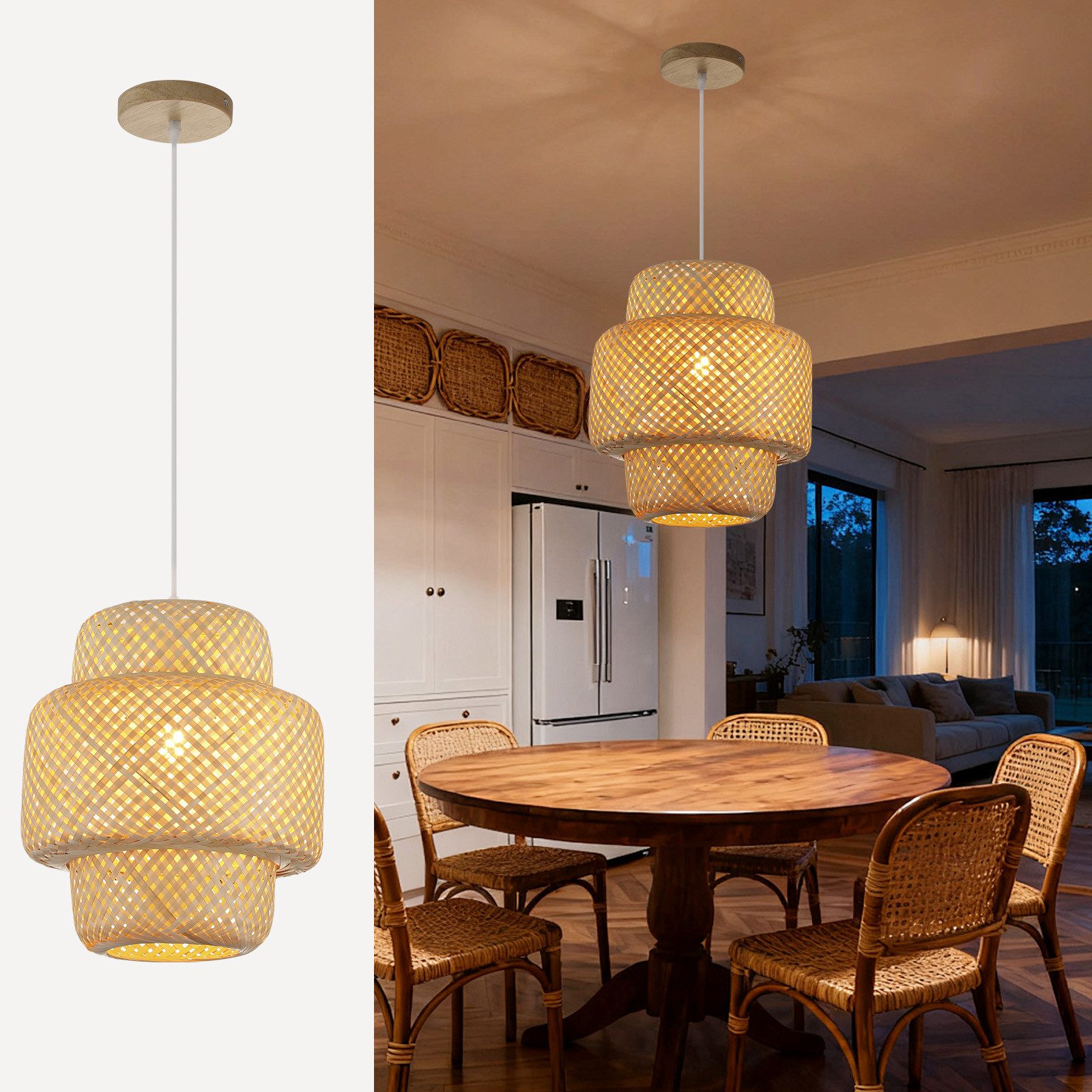 JDONG Pendelleuchte 30CM Pendelleuchte Boho lampe Lampenschirm Bambus E27, ohne Leuchtmittel, Rustic, Handgeflochtene Vintage schlafzimmerlampe,Beige, Beleuchtung Dekoration, für Wohnzimmer,Schlafzimmer,Küche,Esszimmer