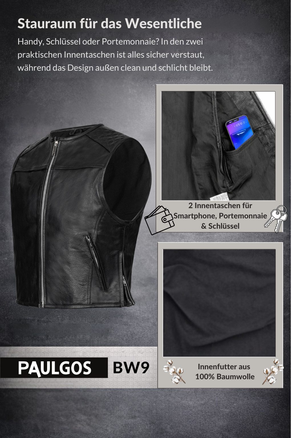 PAULGOS Motorradweste Lederweste Biker Kutte Clubweste Chopper Weste 100% Echtleder - BW9