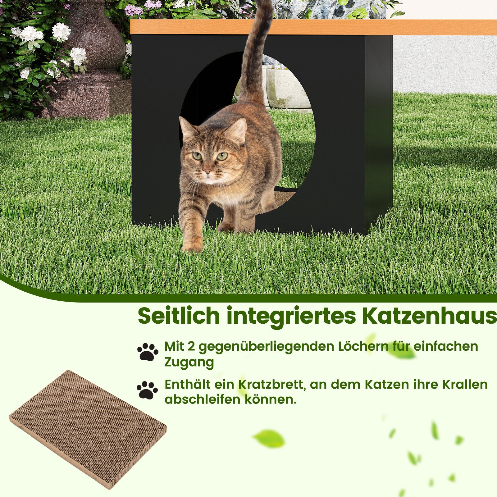 COSTWAY Gartenbank, 150cm Sitzbank mit Katzenhaus, für 3 Personen, bis 450kg