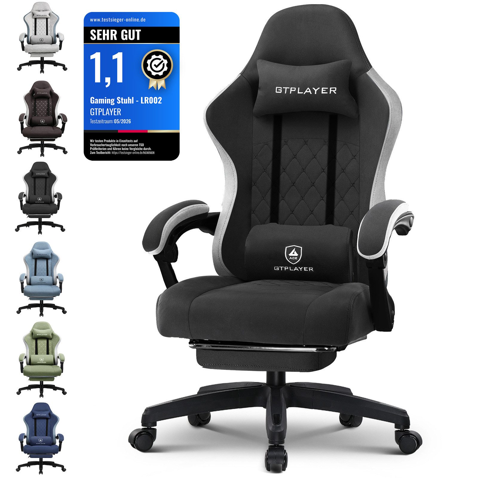 GTPLAYER Gaming-Stuhl Ergonomischer Gaming Sessel Schreibtischstuhl aus Stoff/Kunstleder (Pacekung), Federsitzkissen mit Fußstütze