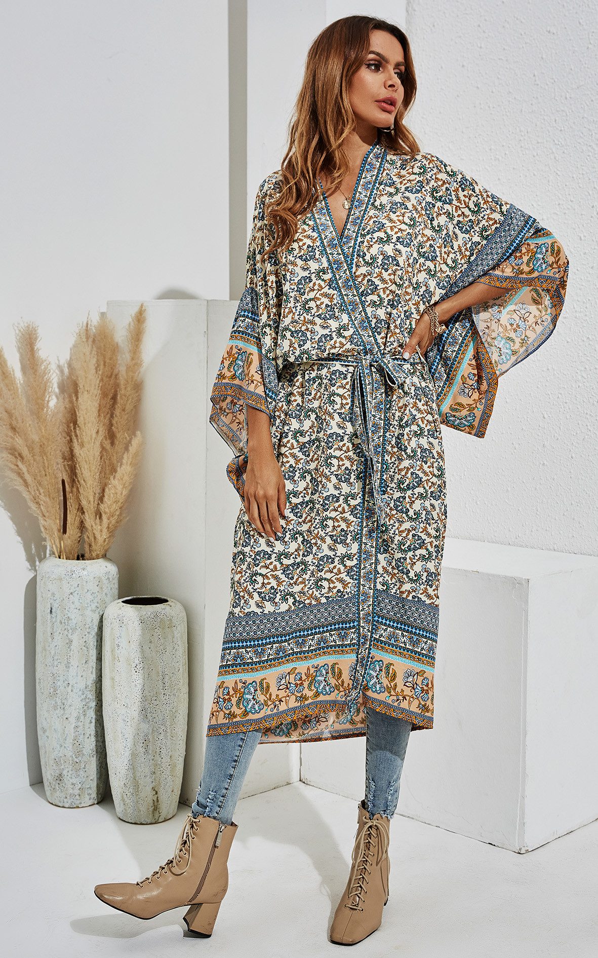 FS Collection Blusenkimono Luftiger Blusenkimono mit Bindegürtel - Lässiger Baumwollkimono (XS (EU:36 / UK:8) · S (EU:38 / UK:10) · M (EU:40 / UK:12) · L (EU:42 – Bild 4 von 5