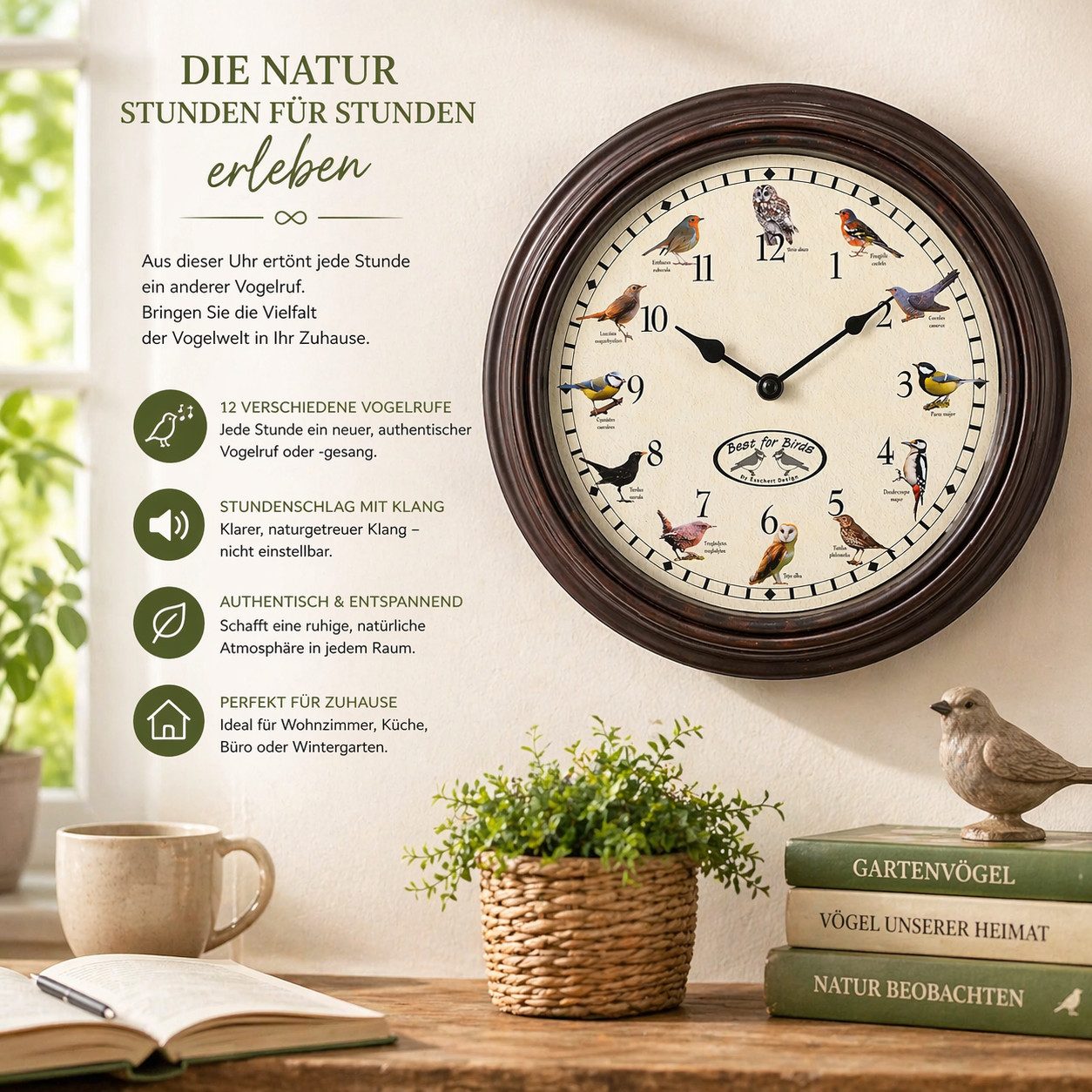 esschert design Wanduhr Wanduhr mit Vogelgezwitscher, 29,8 cm, mit 12 Vogelrufen (Uhr mit Vogelgezwitscher) – Bild 2 von 5