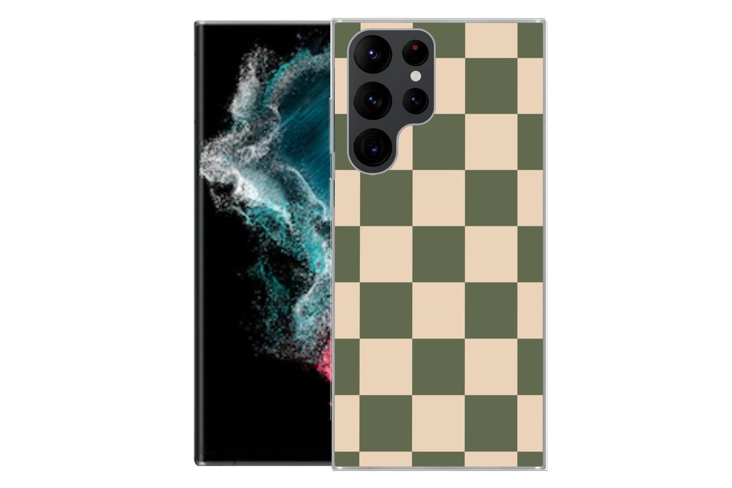 MuchoWow Handyhülle für Samsung Galaxy S22 Ultra Schachbrettmuster - Grün - Beige - Blöcke, Phone Case, Silikon, Schutzhülle Dünn