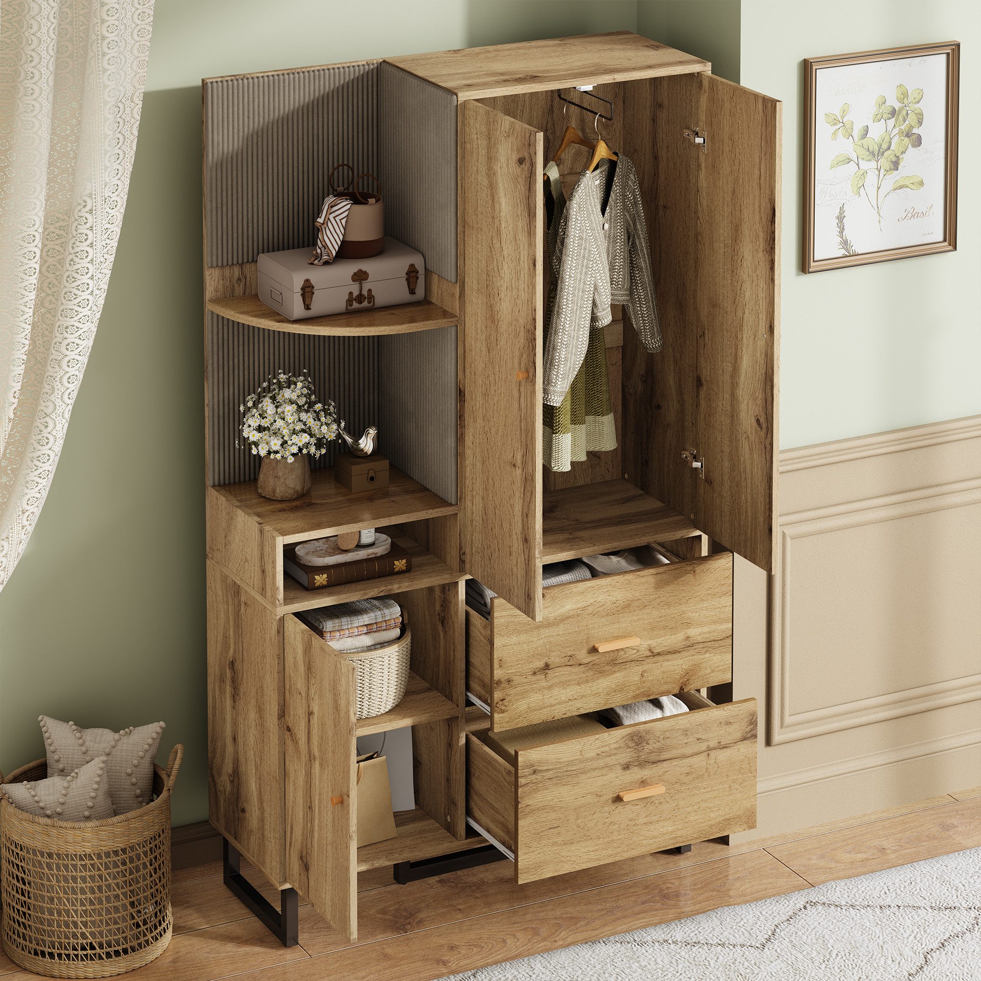 Merax Kompaktgarderobe mit Polsterpaneelen (Garderoben-Set Flurgarderoben Set Scandi, 1-St., 110x38x186 cm) Dielenschrank mit Schuhschrank, Regalfächern & Soft-Close-Türen