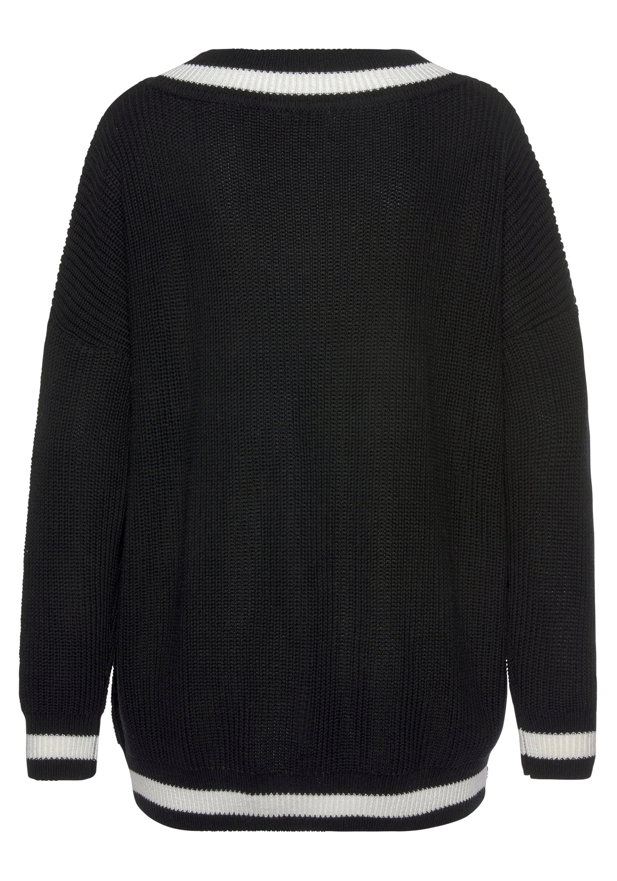 LASCANA V-Ausschnitt-Pullover mit Streifen-Details schwarz