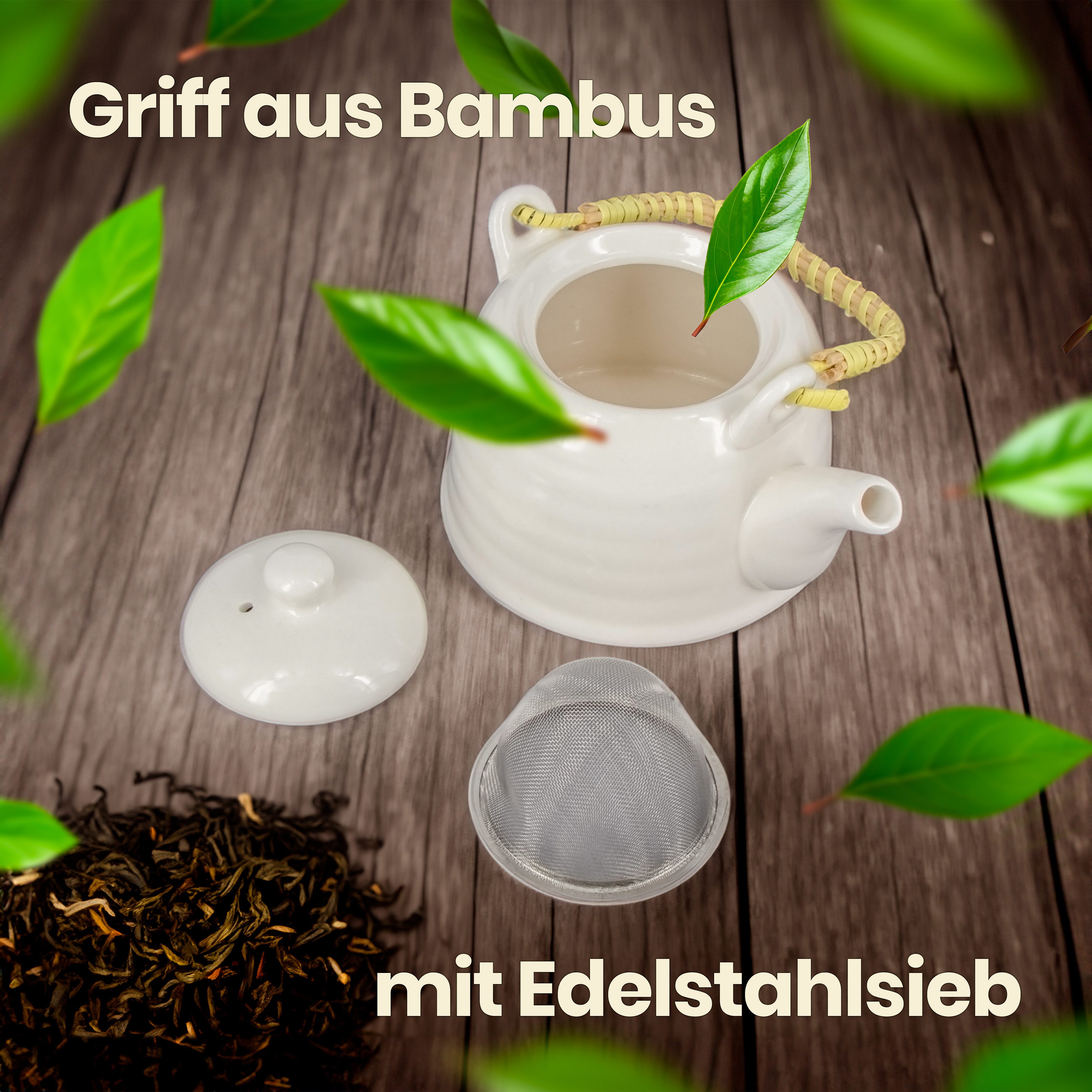 KVOTA Teekanne aus Keramik Teebereiter mit Sieb Teekessel mit Siebeinsatz Weiß 600ml, 0.6 l, hochwertige Keramik, Edelstahl-Sieb – Bild 4 von 5