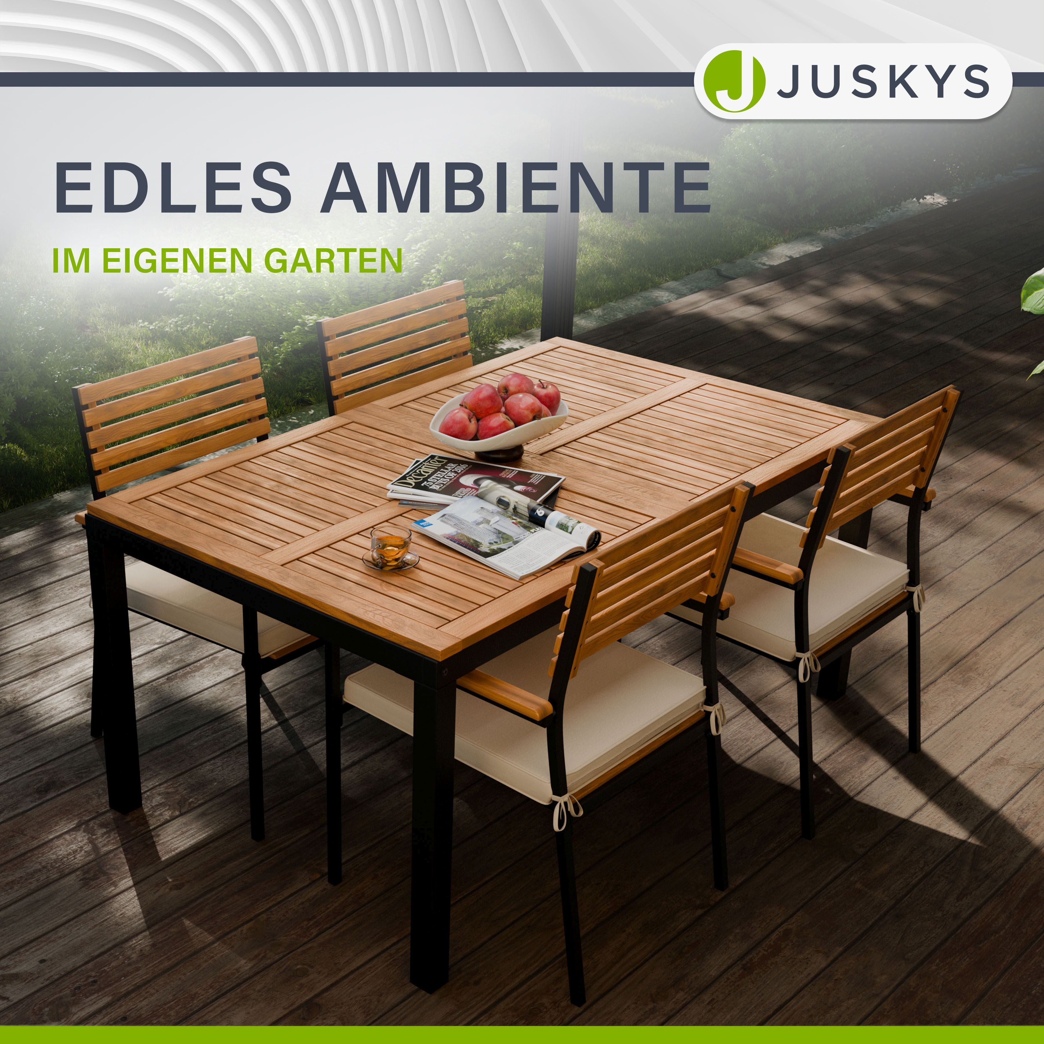 Juskys Garten-Essgruppe Rhodos, (5-tlg), mit Tisch, 4 Stühlen & Kissen, elegante Holzelemente