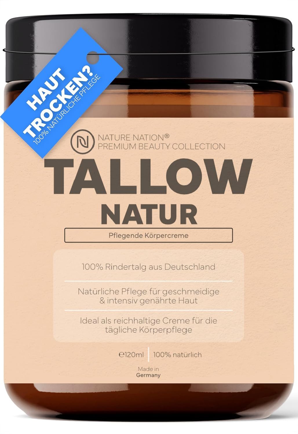 NATURE NATION Hautcreme TALLOW Natur Creme: 100% Beef Tallow Rindertalg Balm Barrier Repair, Reichhaltige Hautpflege, unparfümiert; Made in Germany