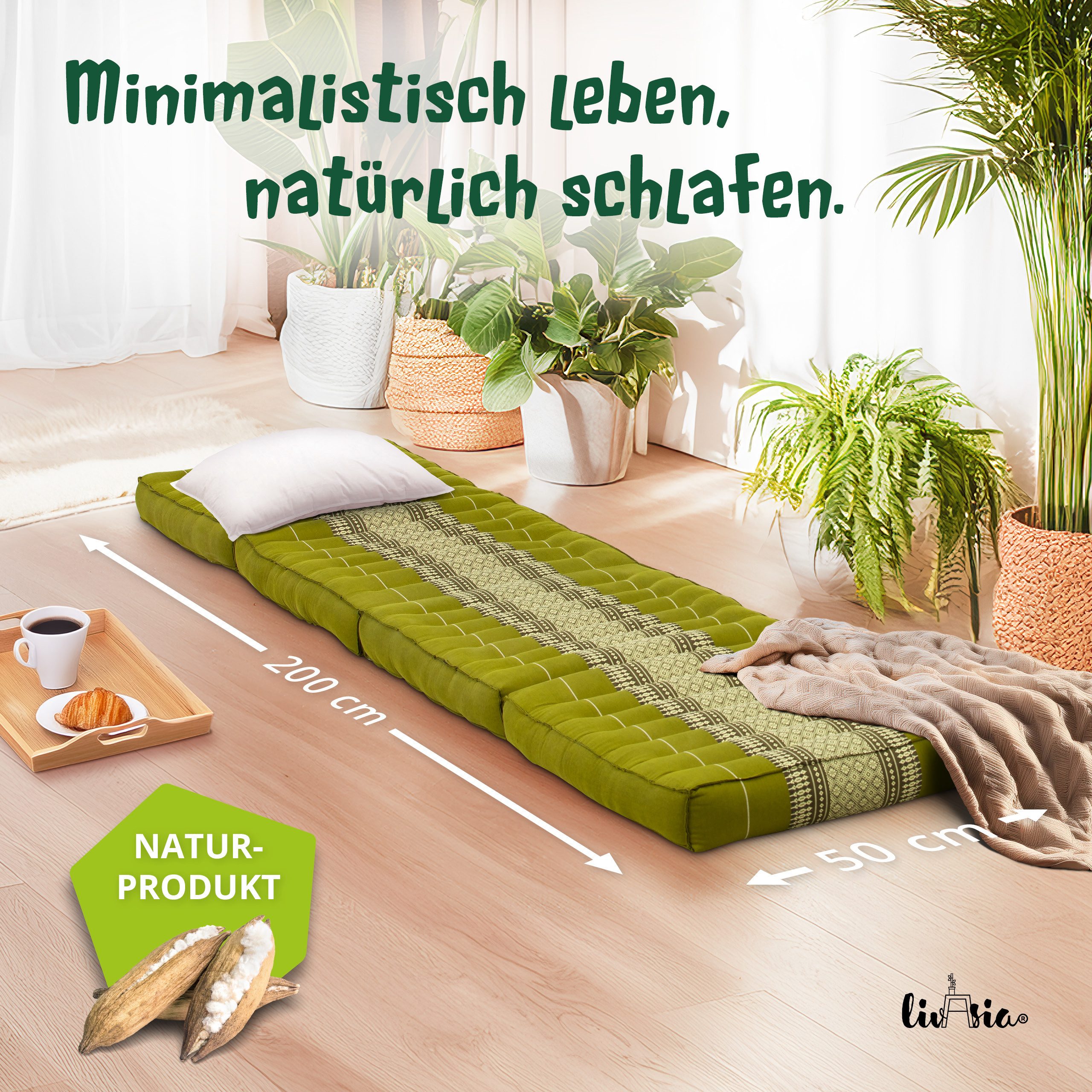 Klappmatratze 50 cm breit (Classic) - 200x50x8cm - Faltmatratze, livasia, 8 cm hoch, Kapok, vegan, handgefertigt – Bild 2 von 5