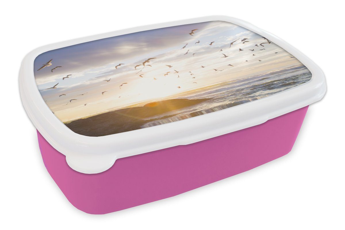 MuchoWow Lunchbox Brotbox Erwachsene, Kinder, Kunststoff, bei Snackbox, von für Vögeln Sonnenuntergang, (2-tlg), Bild Brotdose Kunststoff rosa Ruhiges Mädchen