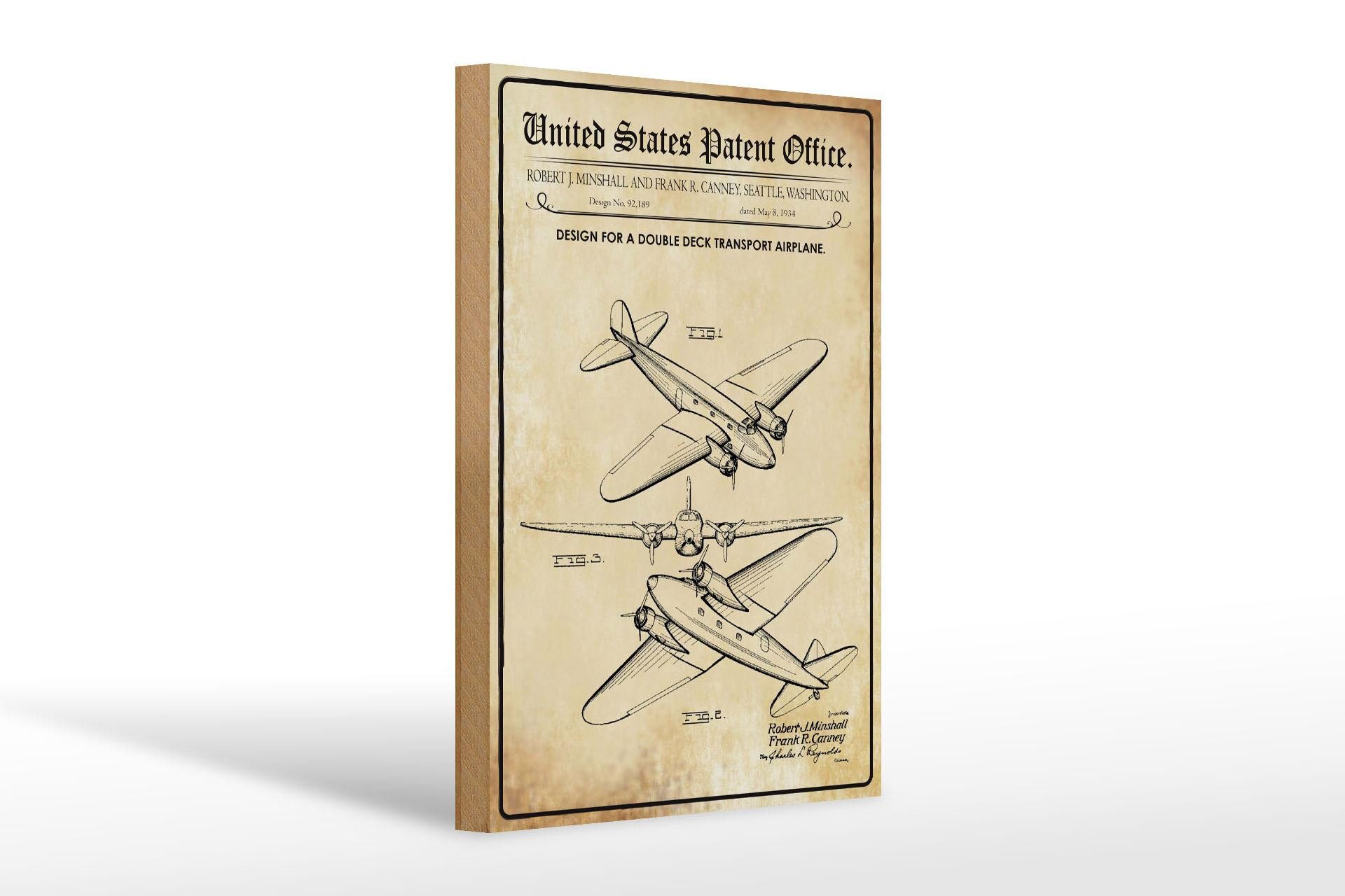 Femer GmbH Holzbild Patent 20x30 cm Entwurf für ein Doppeldecker-Propeller-Flugzeug Deko, (1 St), Glatte Holzfaserplatte (MDF), vorn beschichtet