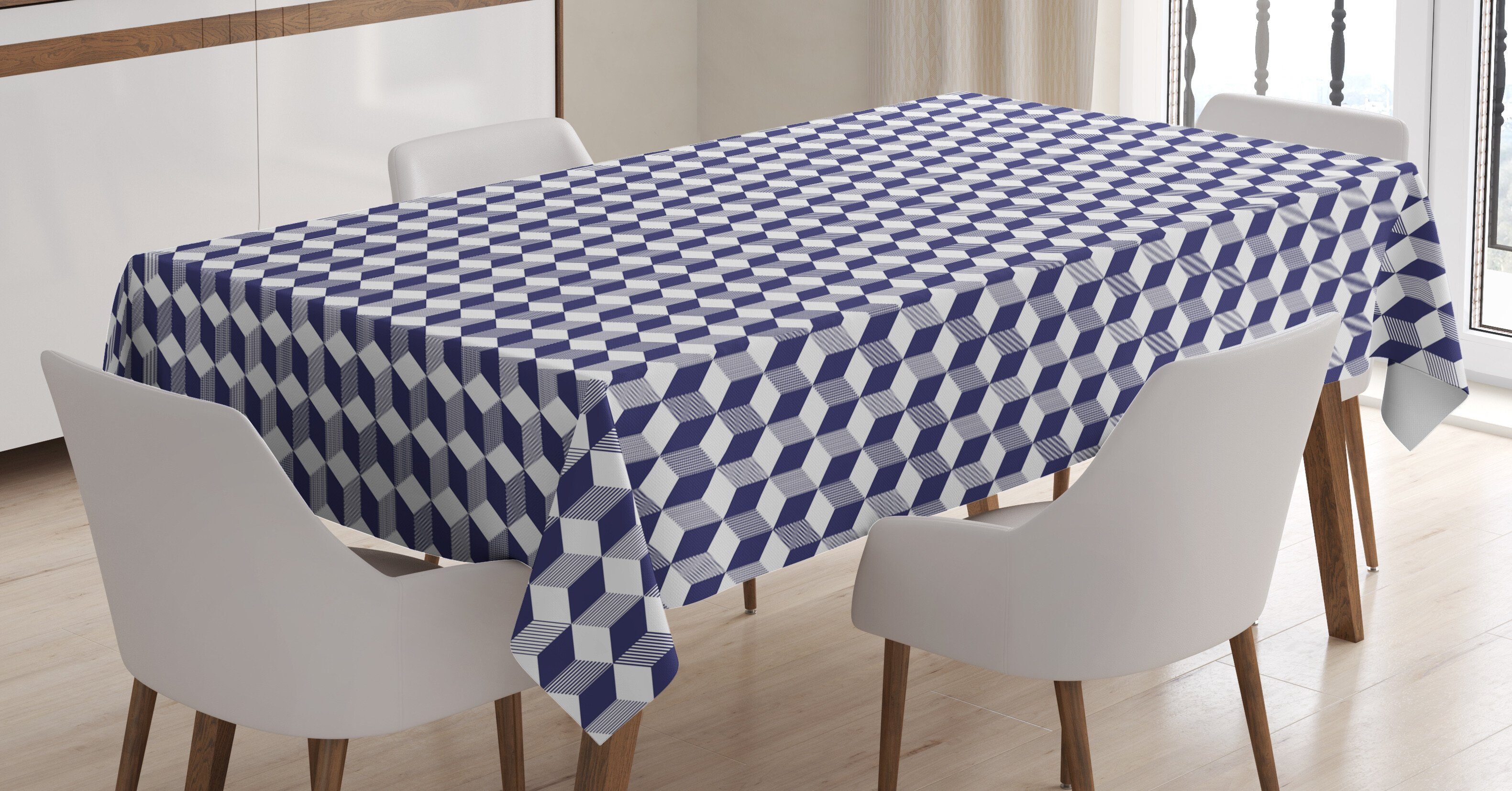 Abakuhaus Tischdecke Farbfest Waschbar Für den Außen Bereich geeignet Klare Farben, Navy blau Abstrakt Cube Stripes