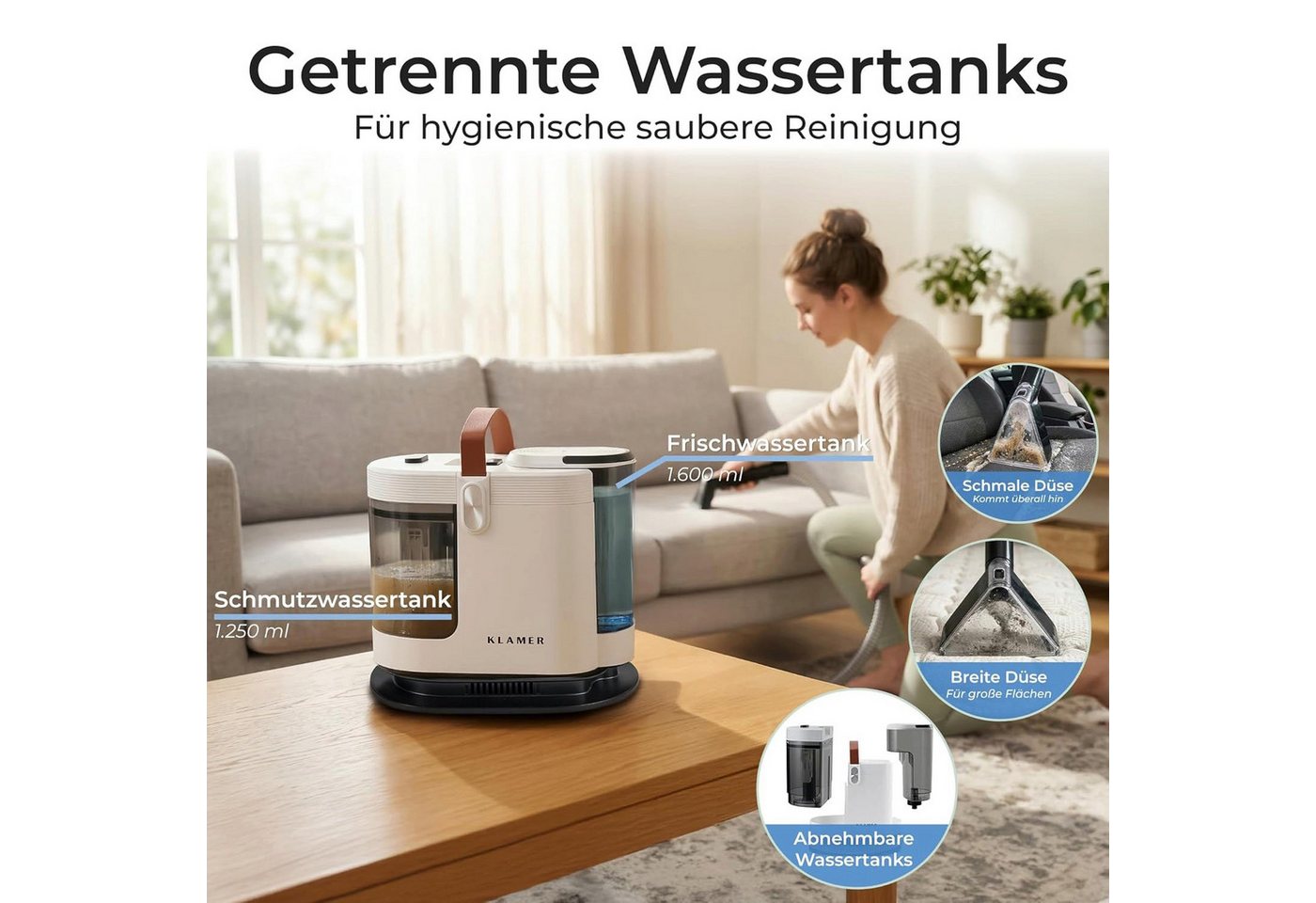 KLAMER Teppichreinigungsgerät 500W, Waschsauger Nasssauger, 2-Tank-System 1,6 L, 15 kPa, Sprüh & Sa…, 500 W, 2-Tank-System für Nassreinigung, Hygienisches 2-Tank-System, Selbstreinigungs-Funktion, 500W weiß