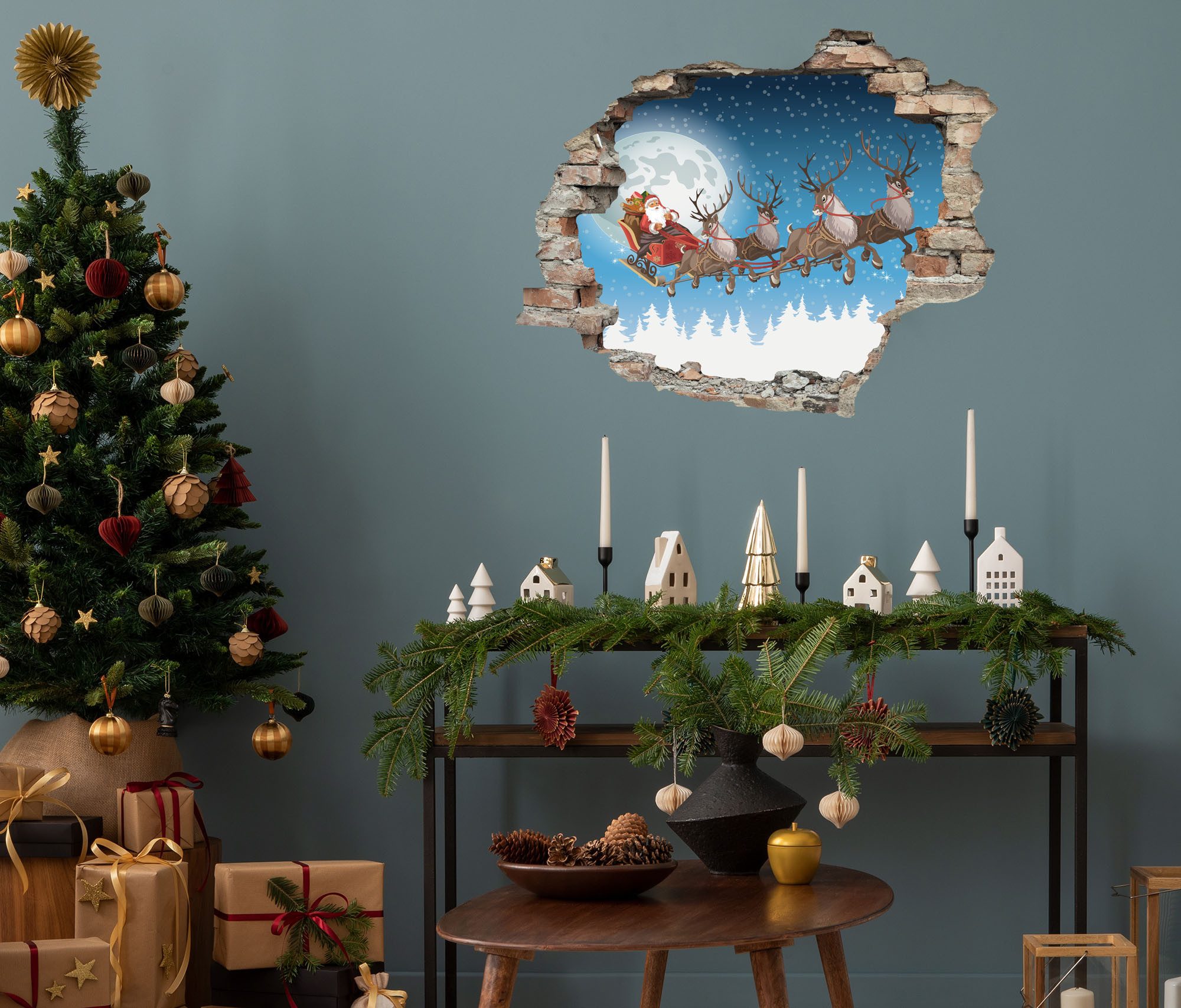 queence 3D-Wandtattoo Der Weihnachtsmann am Himmel (1 St), selbstklebender Wandsticker Weihnachten