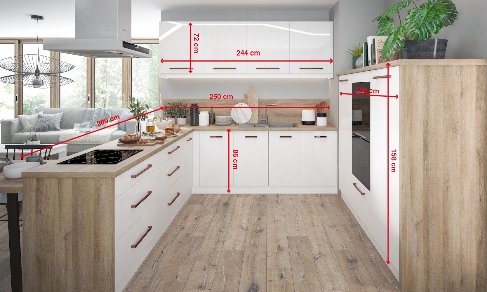 Feldmann-Wohnen Winkelküche Essen, (Teilauszug und Selbsteinzug mit Soft-Close-Funktion (Blum Metabox), 289x250cm weiß / weiß Hochglanz, U-Form mit 188cm Küchenblock