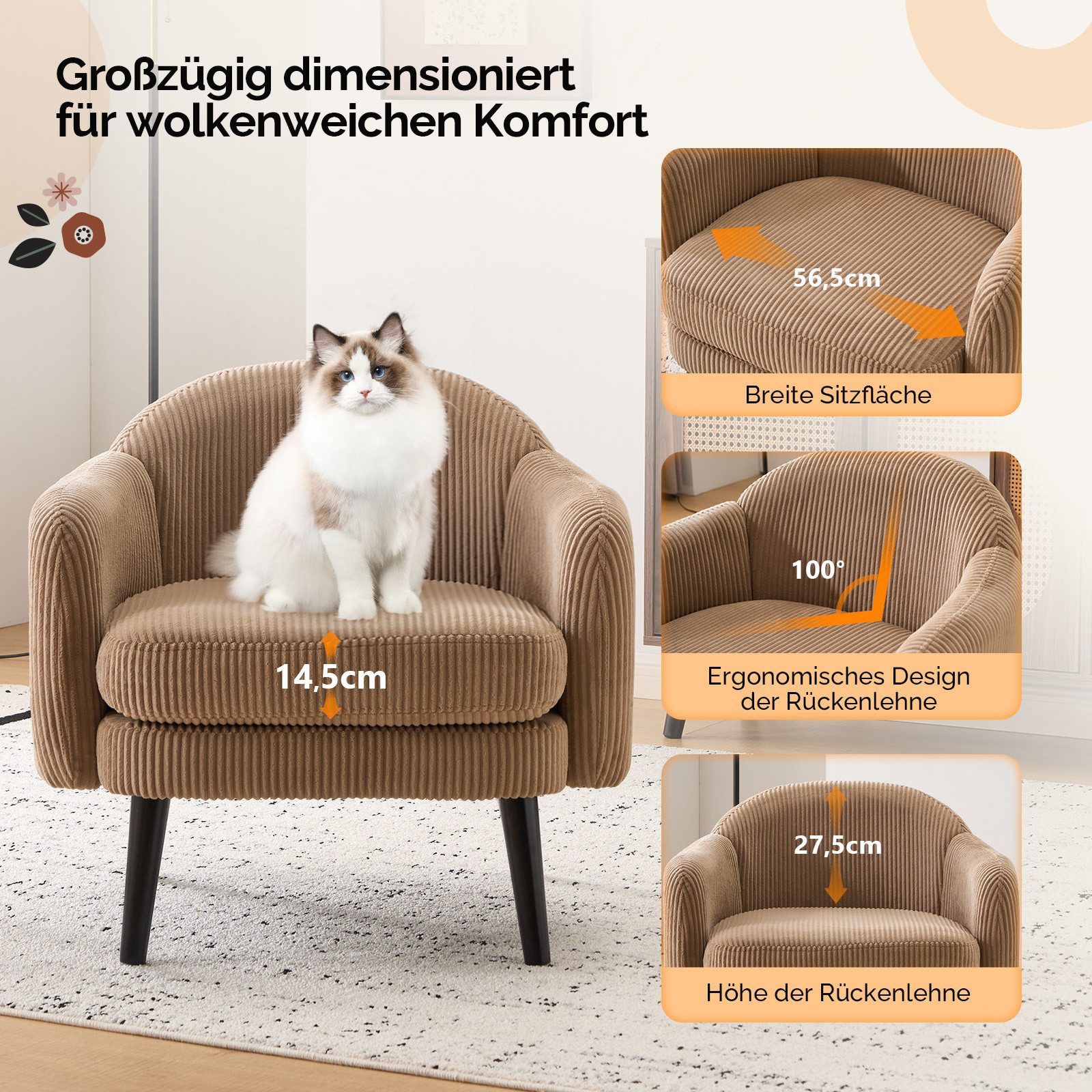 VINGLI Ohrensessel Cocktailsessel aus Cord, Moderner Loungesessel für Wohnzimmer, Holzbeine, Abnehmbares Sitzkissen & Armlehnen – Bild 3 von 5