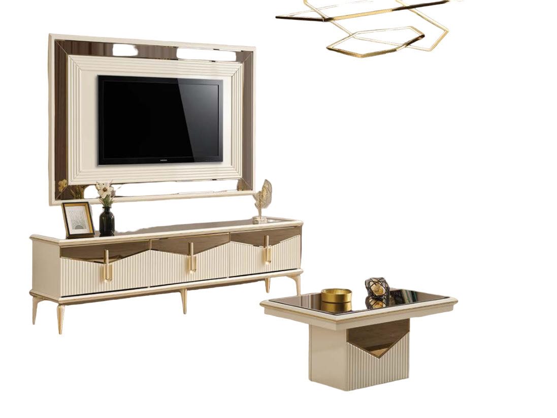 JVmoebel Wohnwand Wohnwand TV Ständer Wandpanel Couchtisch Lowboard Gold 3tlg Beige, (3-St., TV-Ständer + Wandpanel + Couchtisch), Made in Europa