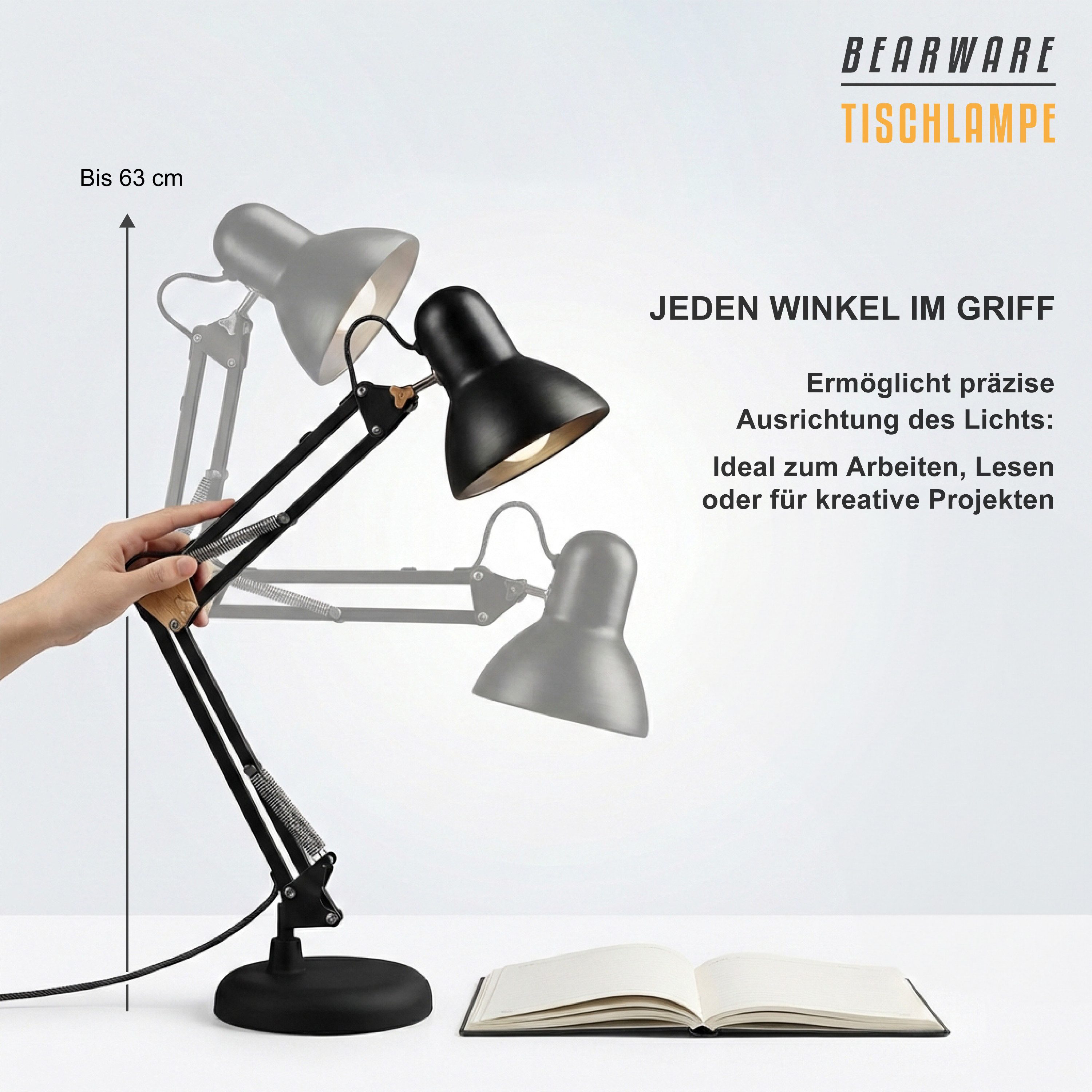 BEARWARE Schreibtischlampe Retro Stil, Bürölampe, Leselampe, Vintage Tischleuchte, Kabelschalter, Ein-/Ausschalter, ohne Leuchtmittel, warmweiß, neutralweiß, tageslichtweiß, Industrie Look, E27, flexibler Gelenkarm, für Büro, Wohnzimmer uvm.