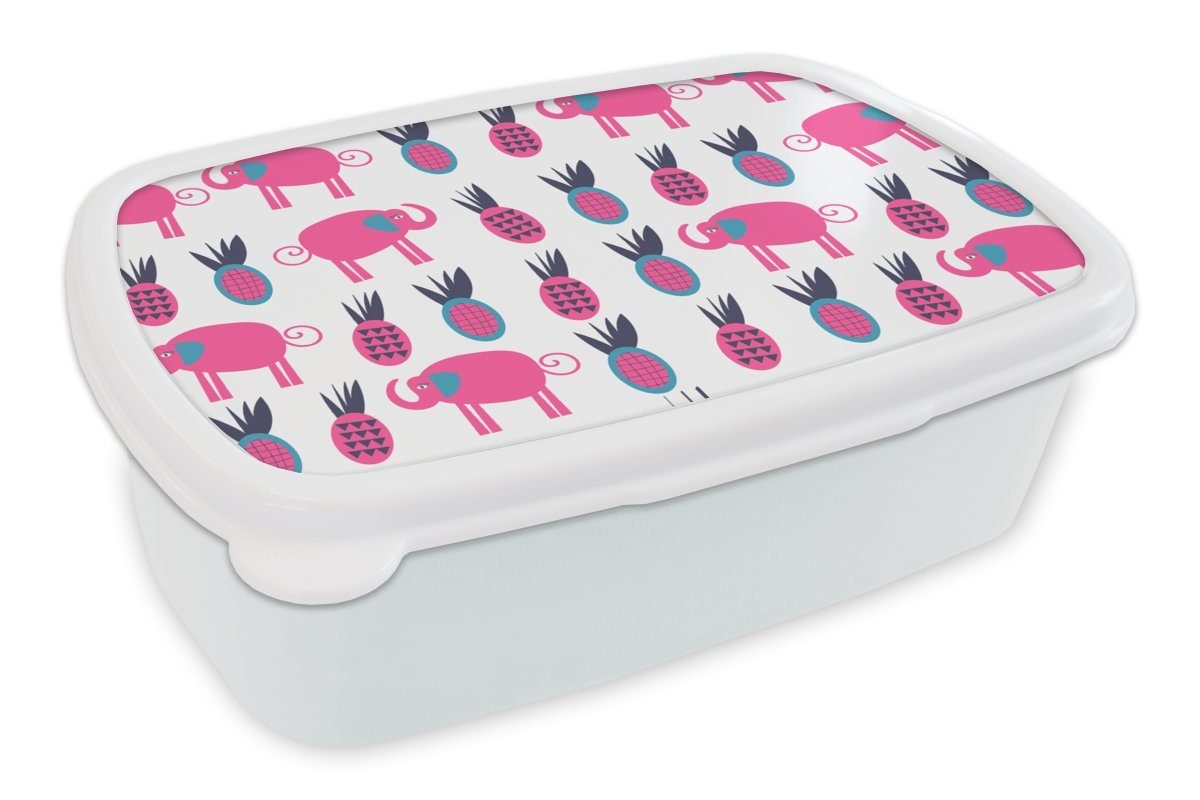 MuchoWow Lunchbox Ananas - Elefant - Design, Kunststoff, (2-tlg), Brotbox für Kinder und Erwachsene, Brotdose, für Jungs und Mädchen weiß