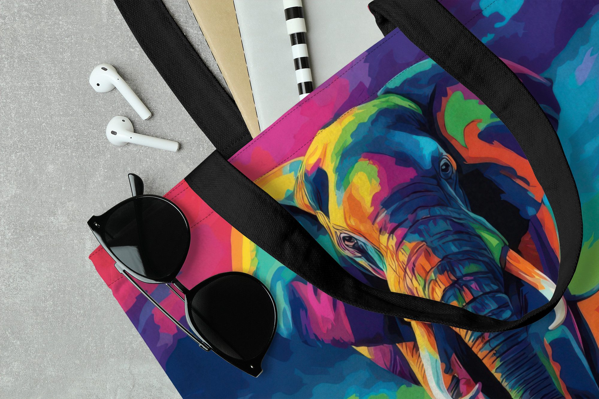 MuchoWow Shopper Elefant - Bunt - Himmel - Abstrakt, Handtasche, Damen und Herren, Schultertasche, Umhängetasche, Tote Bag
