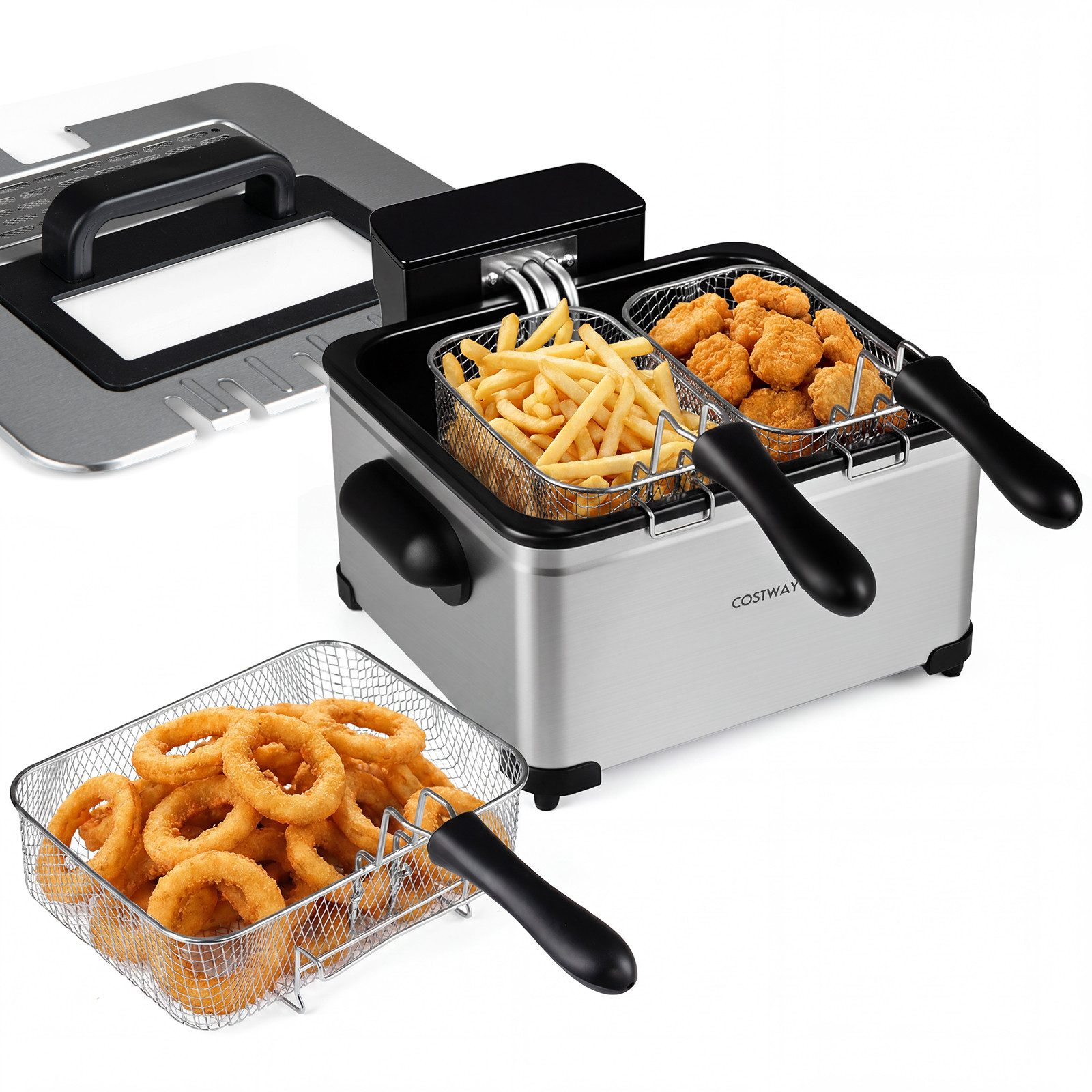 COSTWAY Fritteuse, 2000 W, mit Öl, 3 Körben, LED, 6 Programme, Frittiertopf