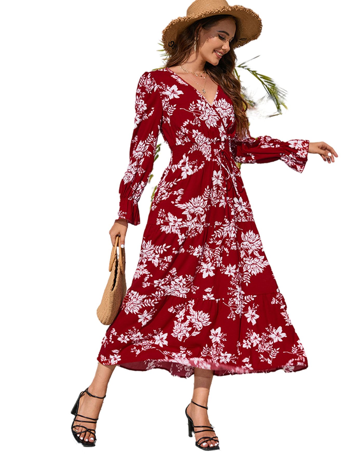 ZWY Abendkleid rotes Blumenkleid, Frühlingskleid, Party-Look, Partykleid,  roter Rock (1-tlg., Damenkleider in Übergröße, Herbstkleider, lange Kleider  mit Ärmeln) Party Boho,Beach Maxi Dress, V-AusschnittStrandkleider