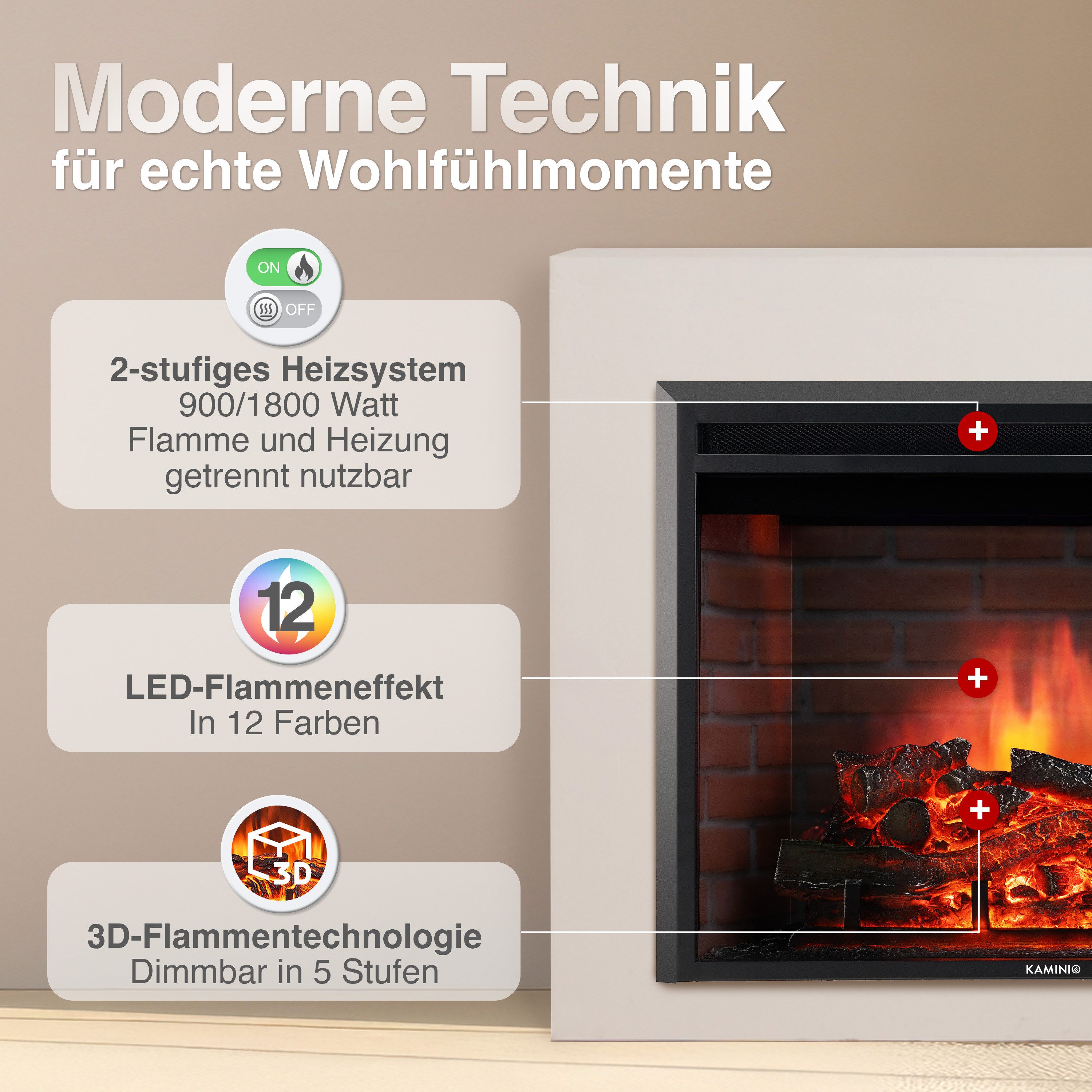 KAMINIO Elektrokamin LUCA, Elektrischer Kamin mit 3D-Flammeneffekt in 12 Farben, Heizung 1800W