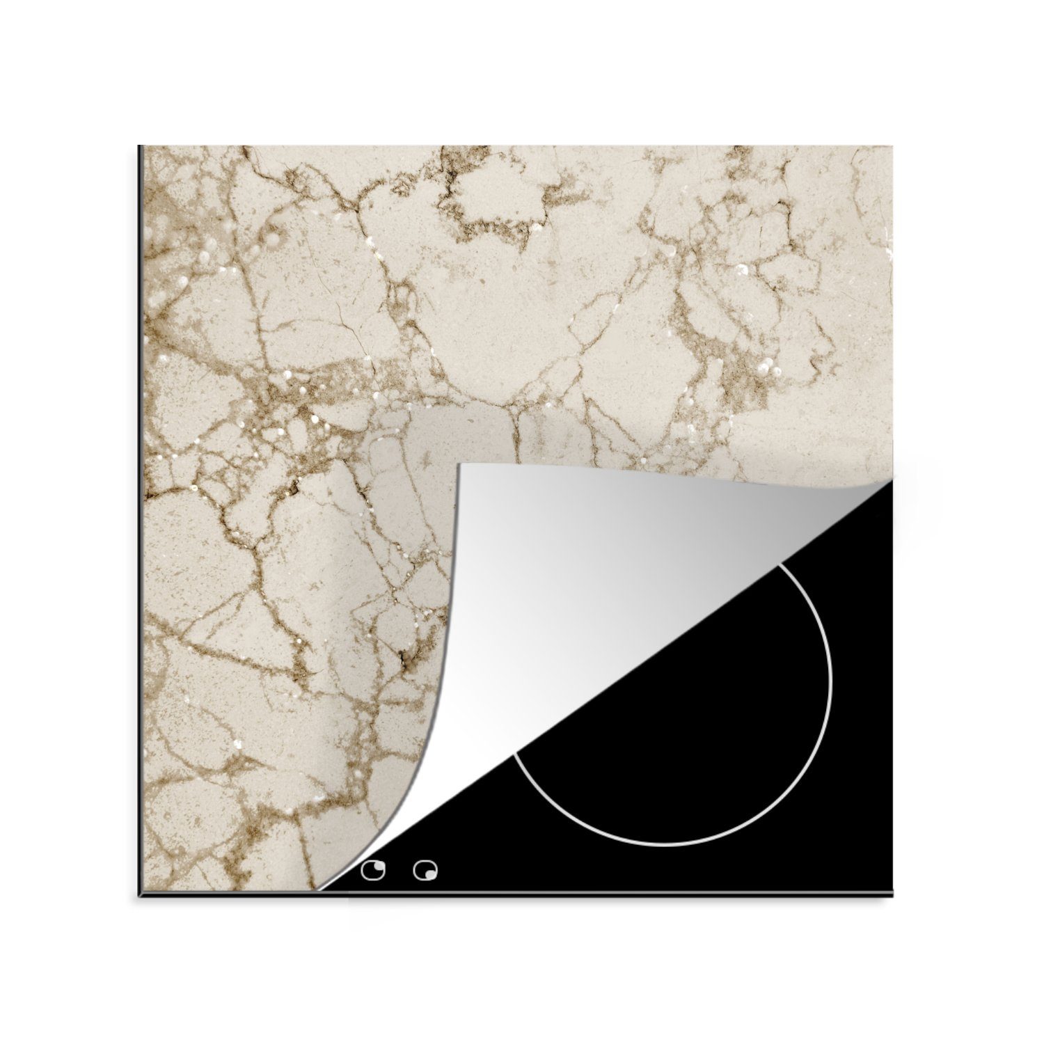 MuchoWow Herdblende-/Abdeckplatte Marmor - Weiß - (1 Arbeitsplatte küche für cm, Vinyl, Ceranfeldabdeckung, tlg), 78x78 Beige