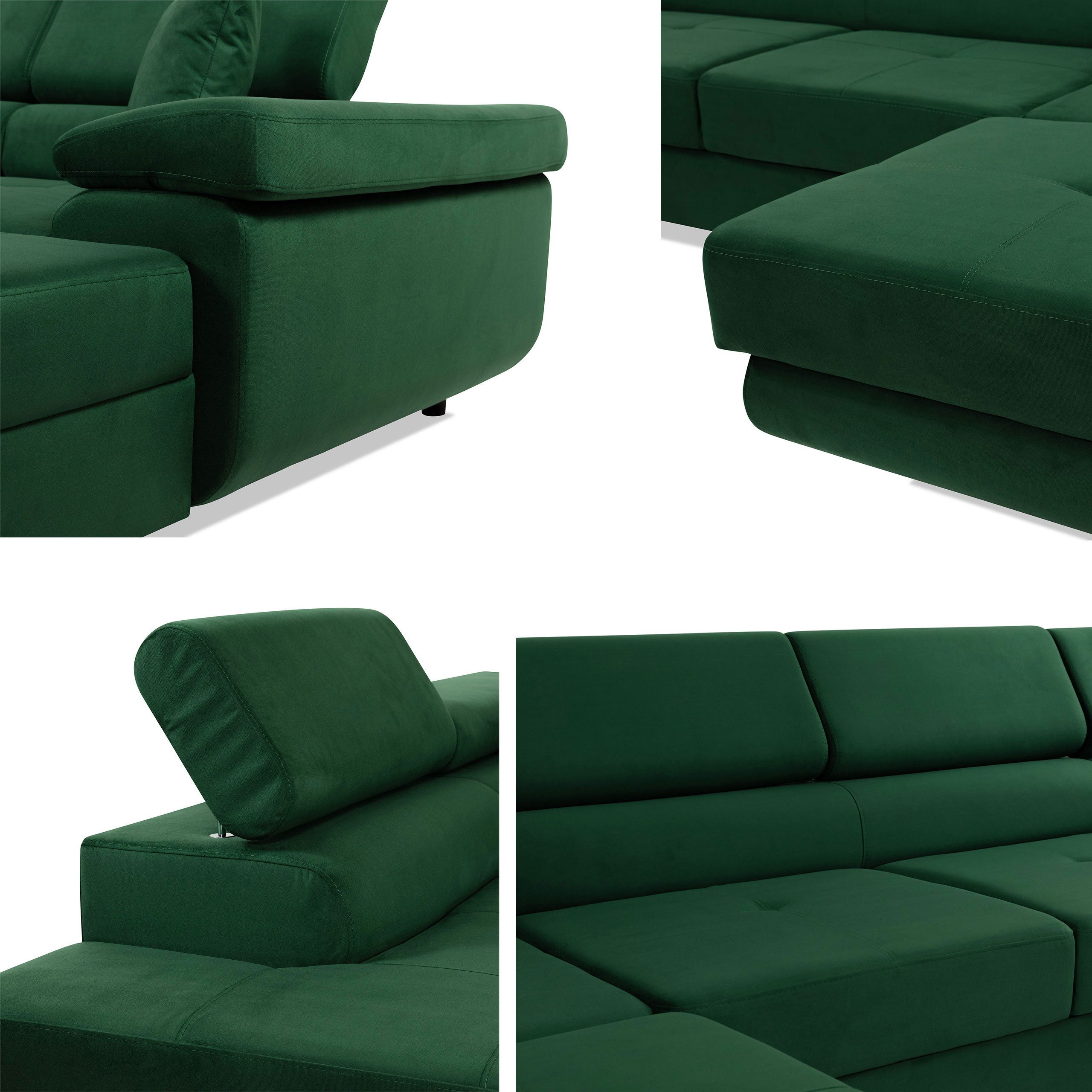 MIRJAN24 Wohnlandschaft Torezio Bis, mit Bettkasten und Schlaffunktion, Einstellbare Kopfstützen, 346x203x70-90 cm, U-Form