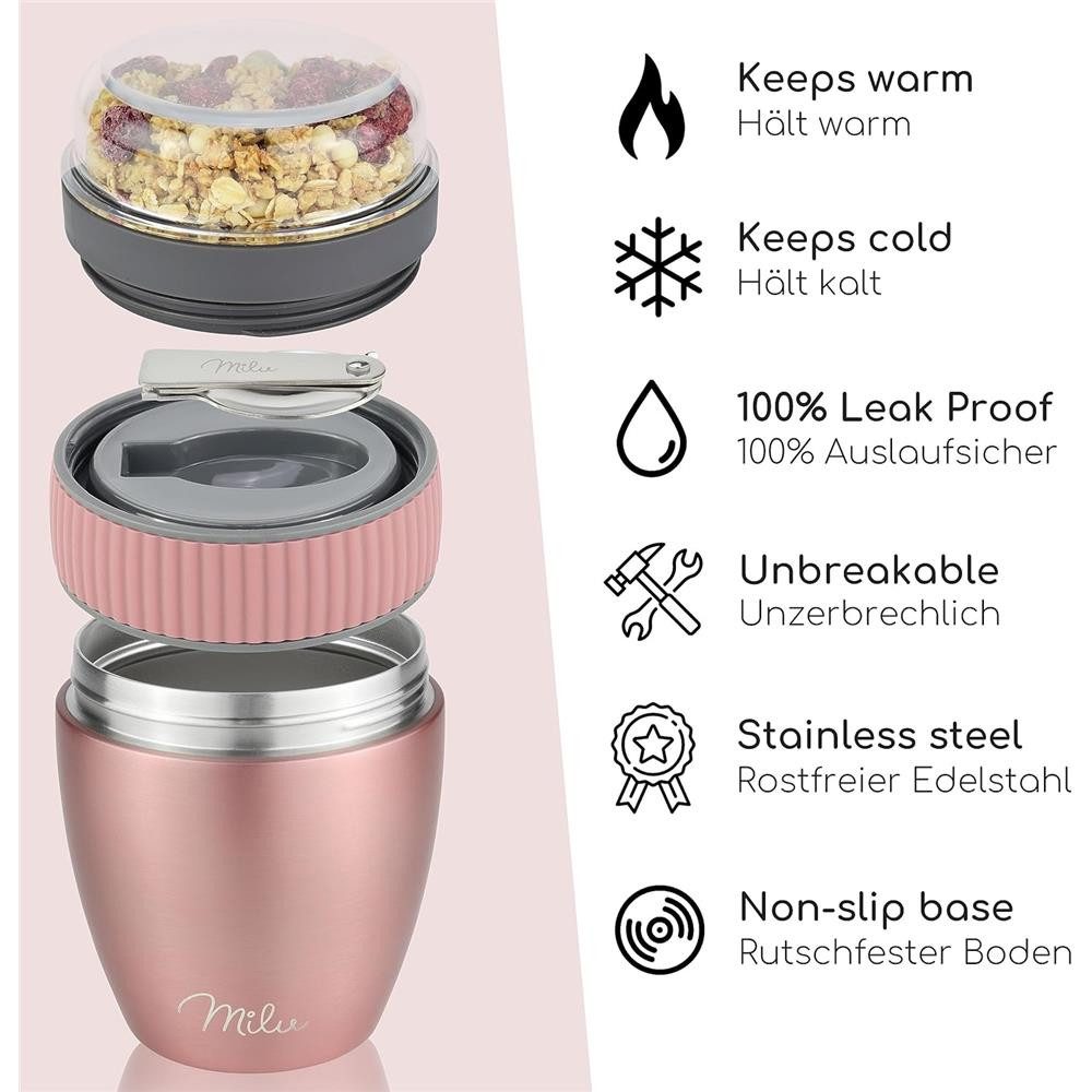 Milu Müslibox Müslibecher to go, 400ml, isolierter Edelstahl Joghurtbecher für Müsli, rosegold