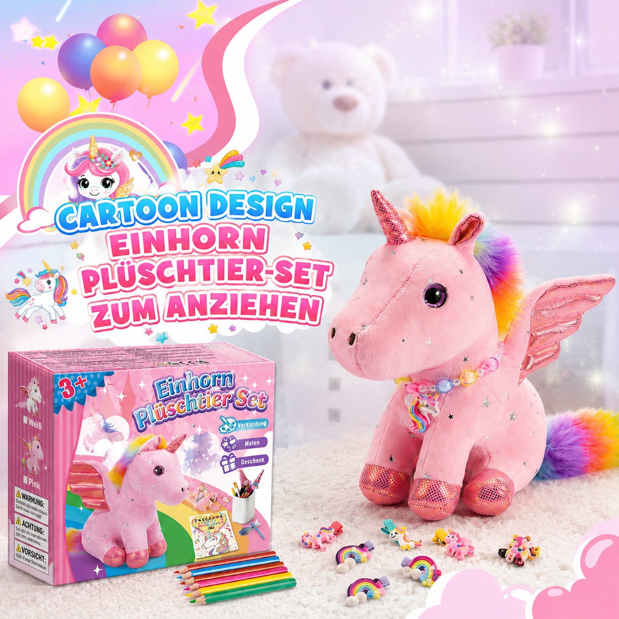 Wootoy Kuscheltier Einhorn Plüschtier Geschenkset für Mädchen 21-teiliges Kreativset (mit Malbuch Schmuck Haaraccessoires und Plüschtier, 1-St., vielseitige Kombination aus Spielzeug Bastelspaß und Schmuck), Attraktive Geschenkbox ideal für kleine Einhorn-Liebhaberinnen