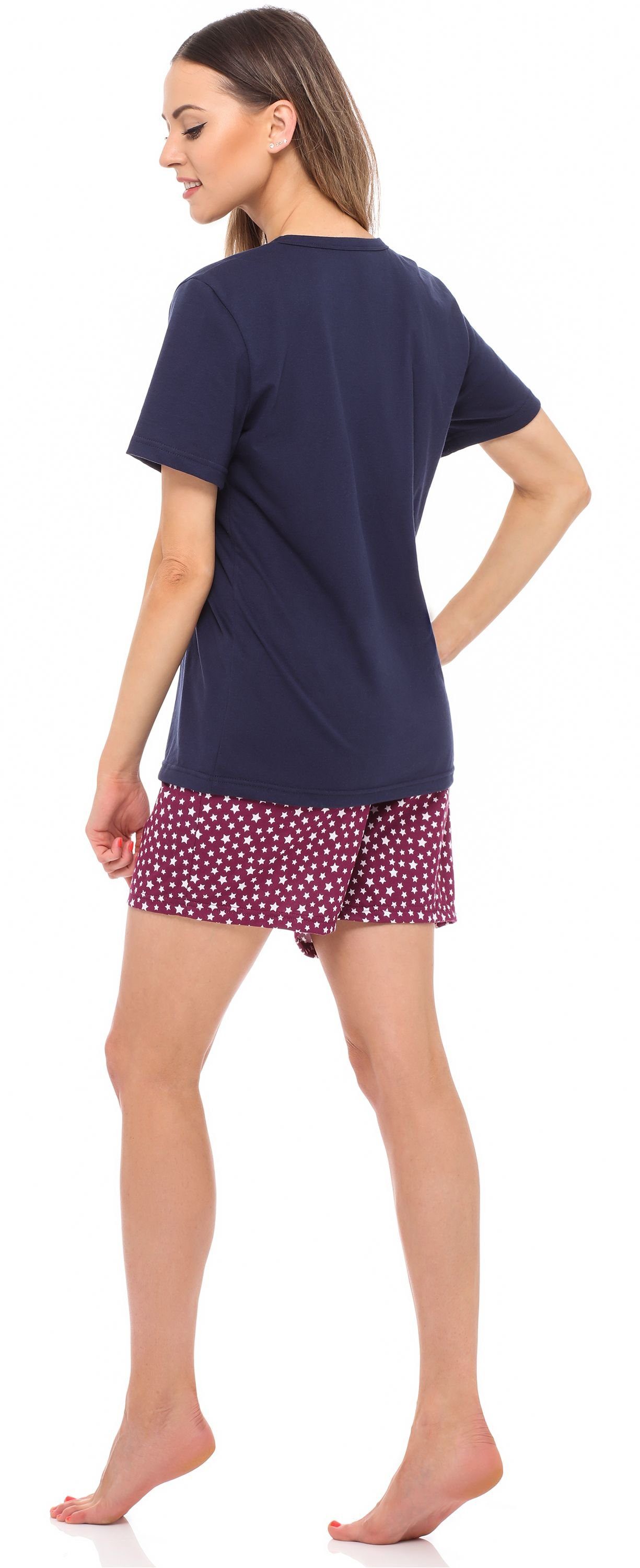 Style Marineblau/Weinrot/Sterne Schlafanzug Damen MS10-177 Kurz Merry Pyjama Baumwolle Set Schlafanzug Zweiteiler Pyjama