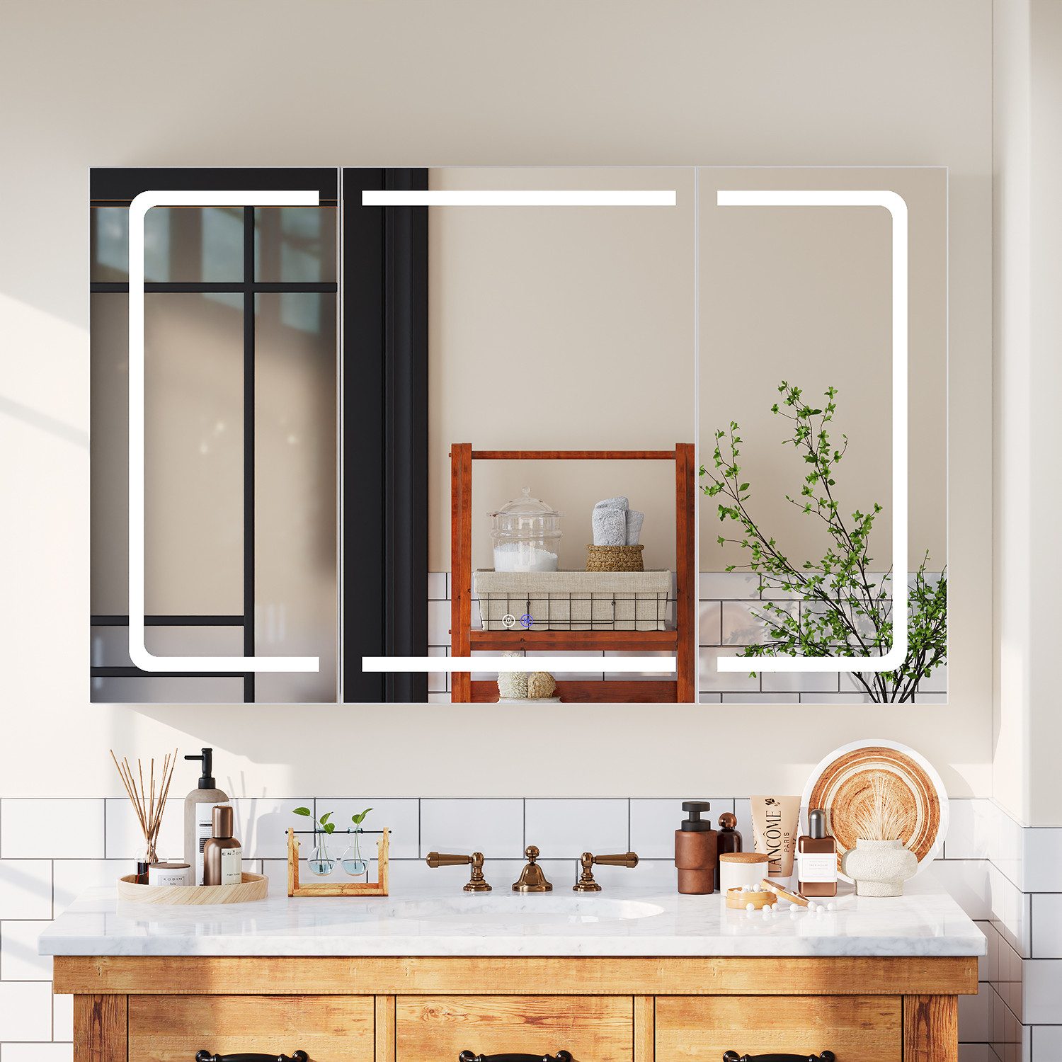 HOMALL Badezimmerspiegelschrank LED-3 Farbtemperaturen Spiegelschrank,Entnebelungsfunktion (mit Stecker, Touchschalter, Helligkeitsregelung,3 Türen Große Speicherkapazität)