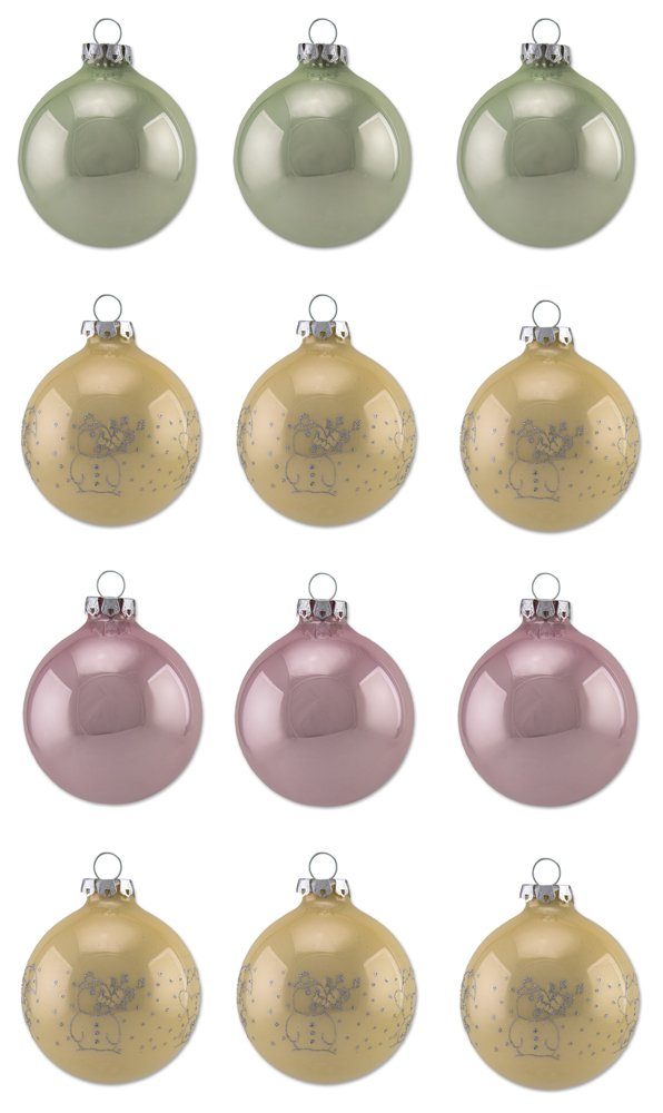 Weihnachtsbaumkugel Pastell mit Glitzer Schneemann Dekor - Christbaumkugeln aus Glas Gold Rosa Grün (12 St), aus Glas