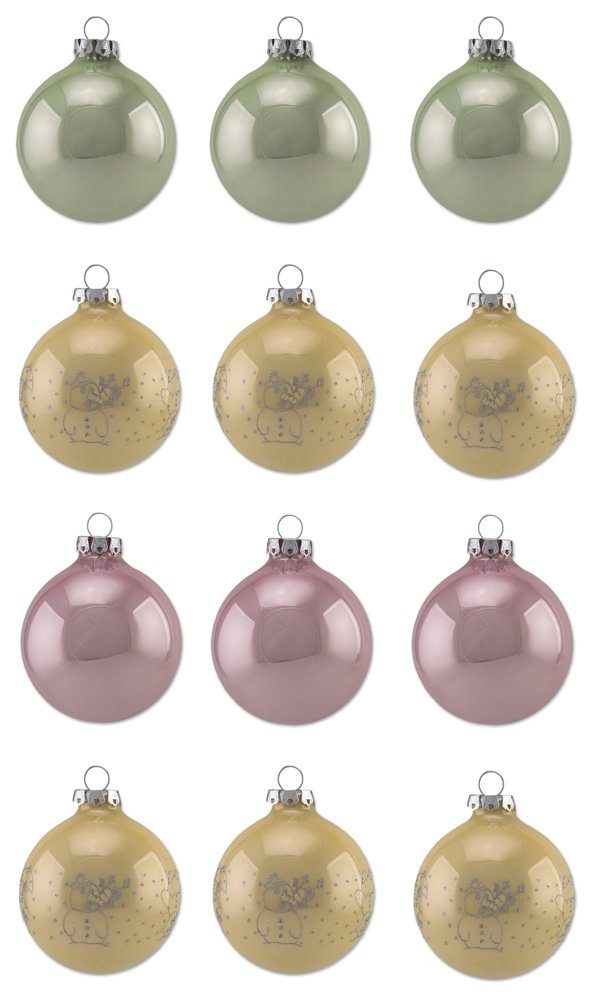 Thüringer Glasdesign Weihnachtsbaumkugel Pastell mit Glitzer Schneemann Dekor - aus Glas Gold Rosa Grün (12 St), aus Glas