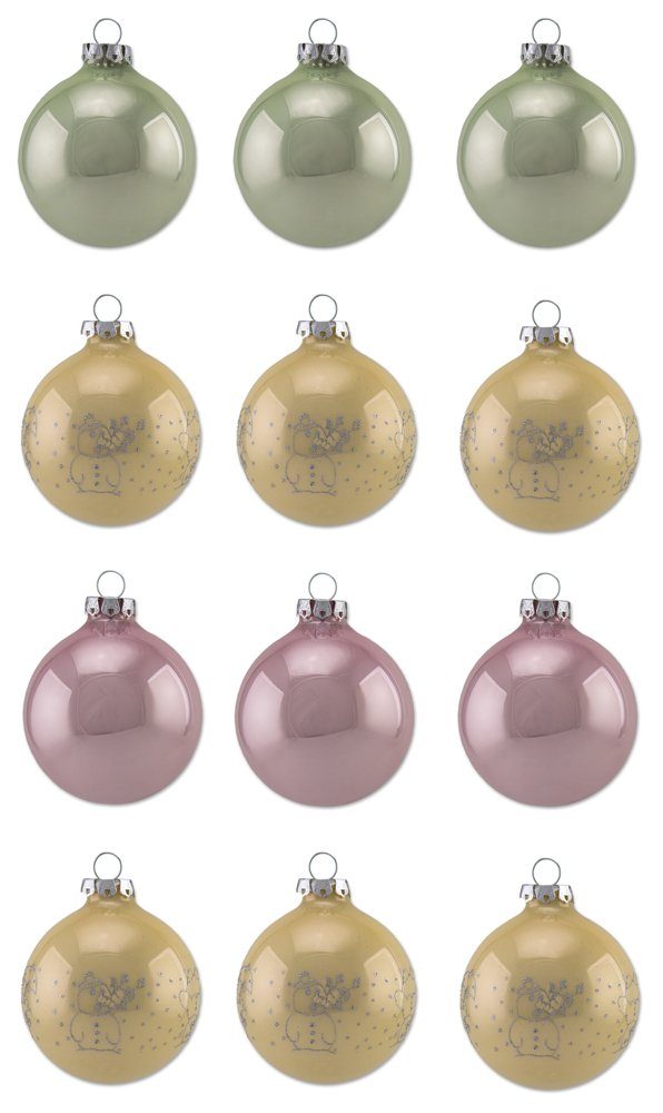 Thüringer Glasdesign Weihnachtsbaumkugel Pastell Glas Christbaumkugeln Schneemann Rosa St), Glas Gold mit Grün aus - (12 Glitzer Dekor aus