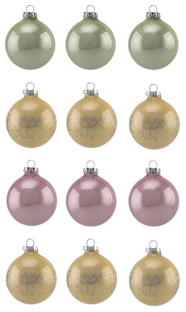 Thüringer Glasdesign Weihnachtsbaumkugel Pastell mit Glitzer Schneemann Dekor - Christbaumkugeln aus Glas Gold Rosa Grün (12 St), aus Glas