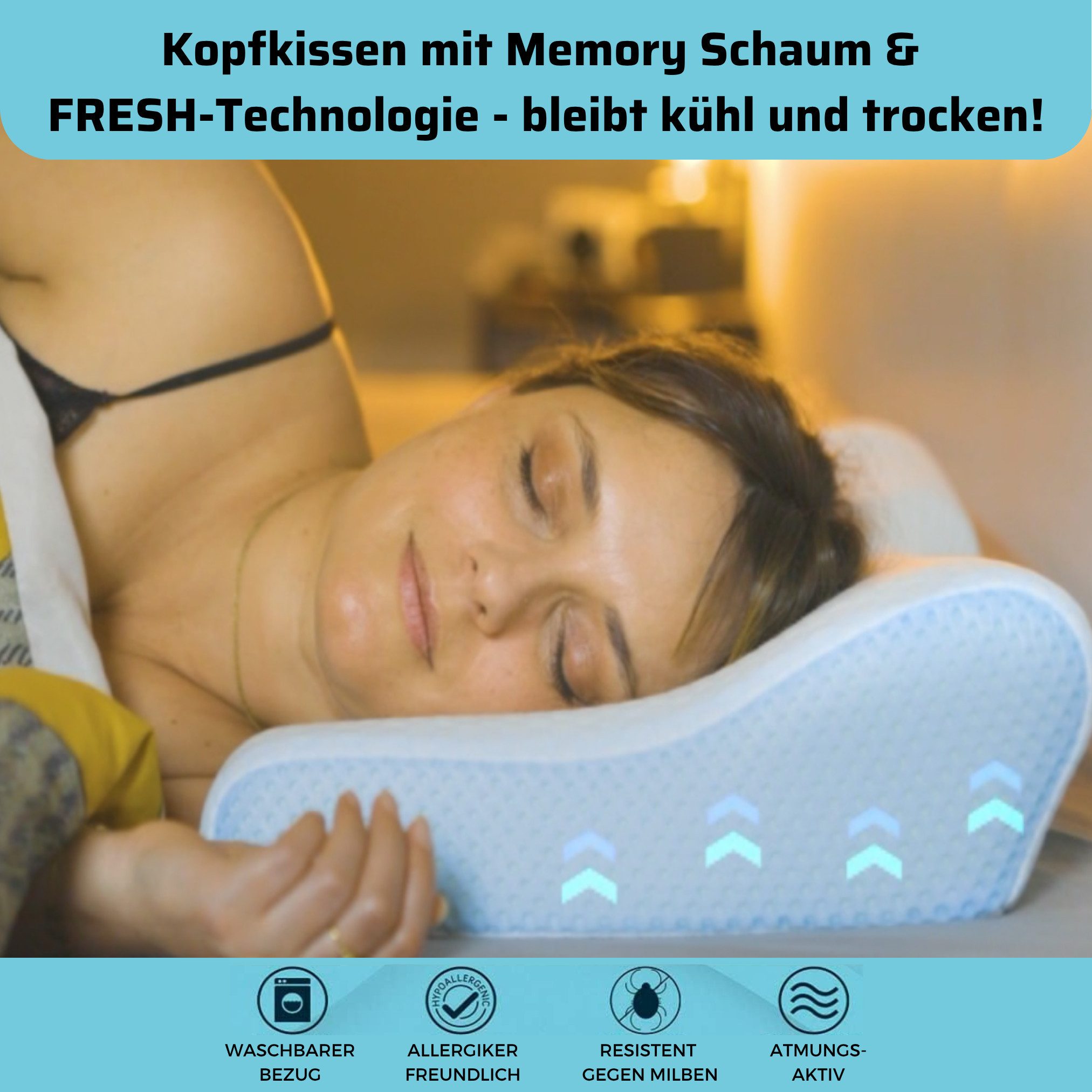 Venteo Gelschaumkopfkissen Fresh Pillow Kopfkissen, Füllung: viskoelastischer Schaum (Zerkleinerter Schaum -100% Polyurethanschaum), Bezug: Polyester, Rückenschläfer, Bauchschläfer, Seitenschläfer, Spar-Set, 1er oder 2er Set, Nackenstützkissen für Allergiker geeignet, Temperaturregulierend