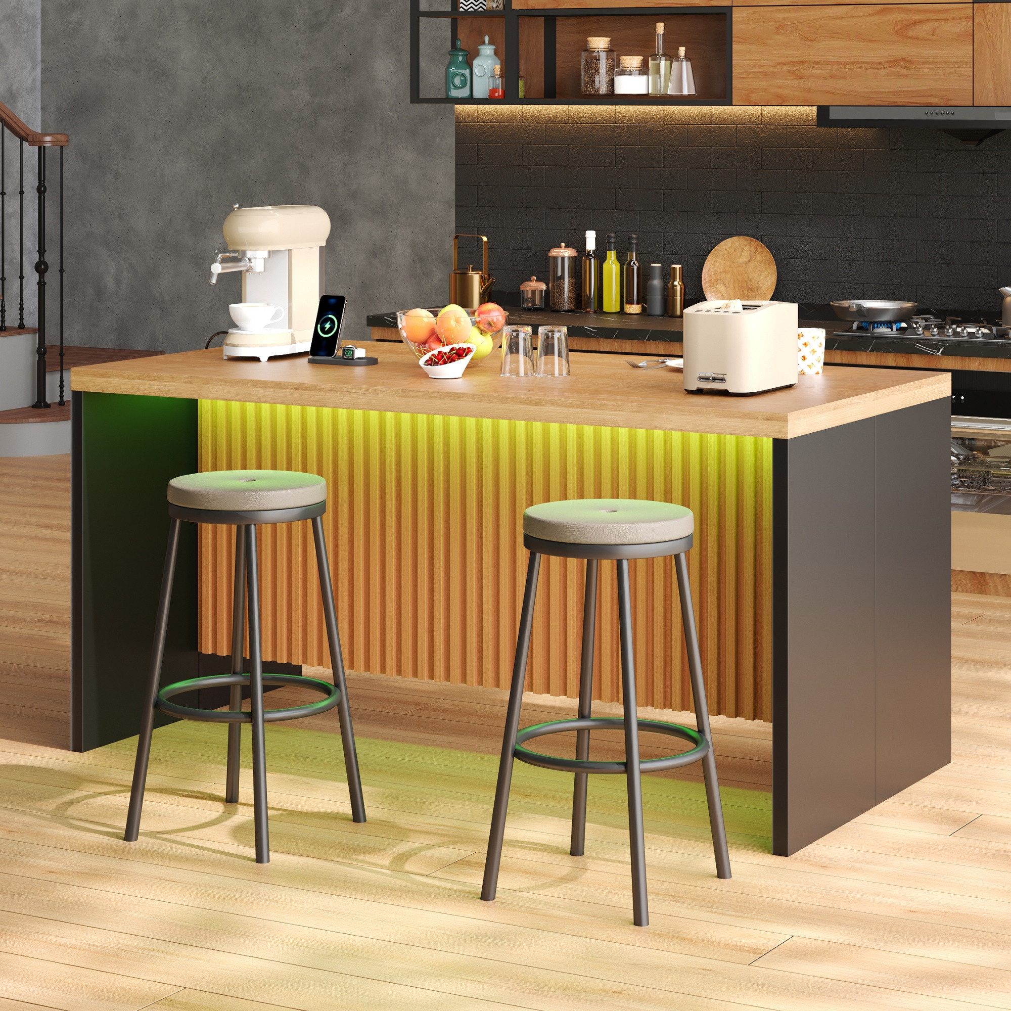 Celya Kücheninsel 155x80x90cm, mit LED-Beleuchtung, 2 Steckdosen und 2 USB, (40mm starke Arbeitsplatte, im Industrie-Design), Hocker nicht im Lieferumfang enthalten