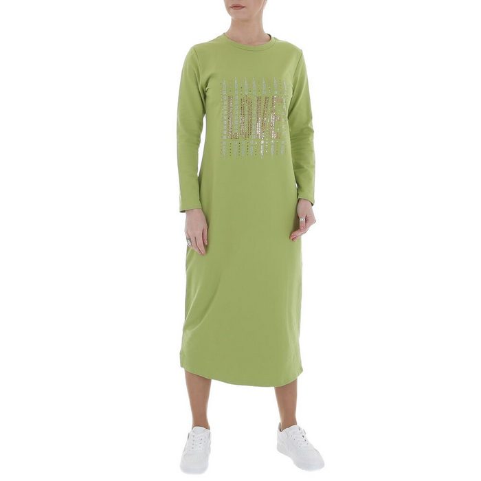 Ital-Design Shirtkleid Damen Freizeit Strass Stretch Maxikleid in Grün
