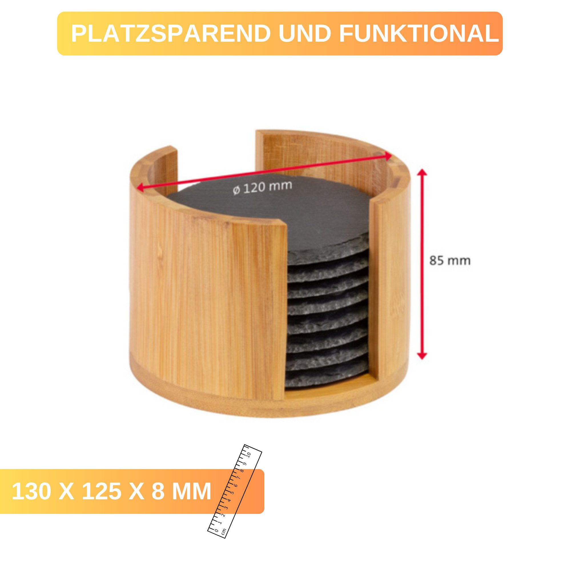 Thiru Getränkeuntersetzer 8 Schiefer-Untersetzer rund Ø 10 cm - mit rutschfesten Füßen – Bild 4 von 5