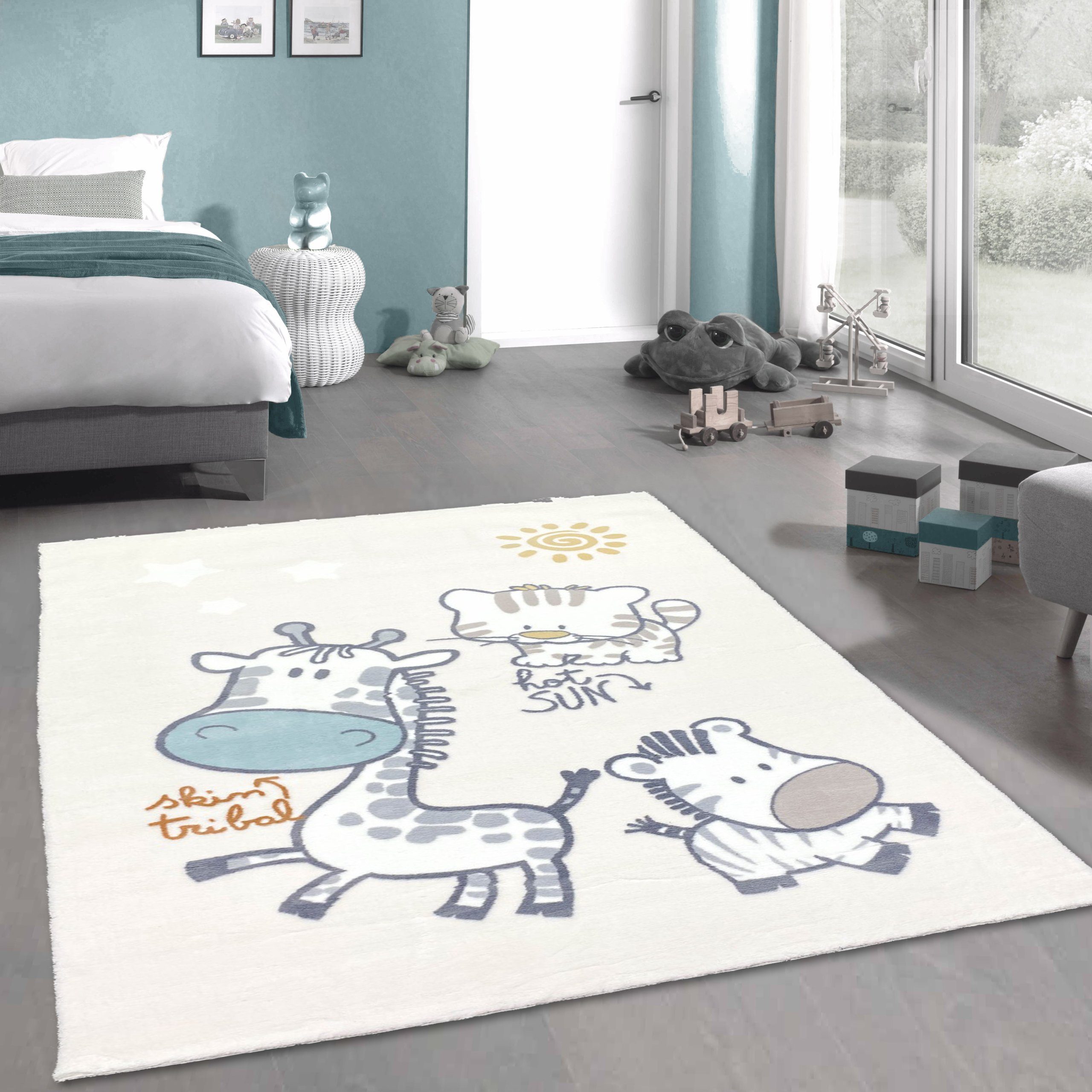 Carpetia Teppich Spielzimmer-Teppich in Cream mit Zootieren super weich, rechteckig, Fußbodenheizung-geeignet